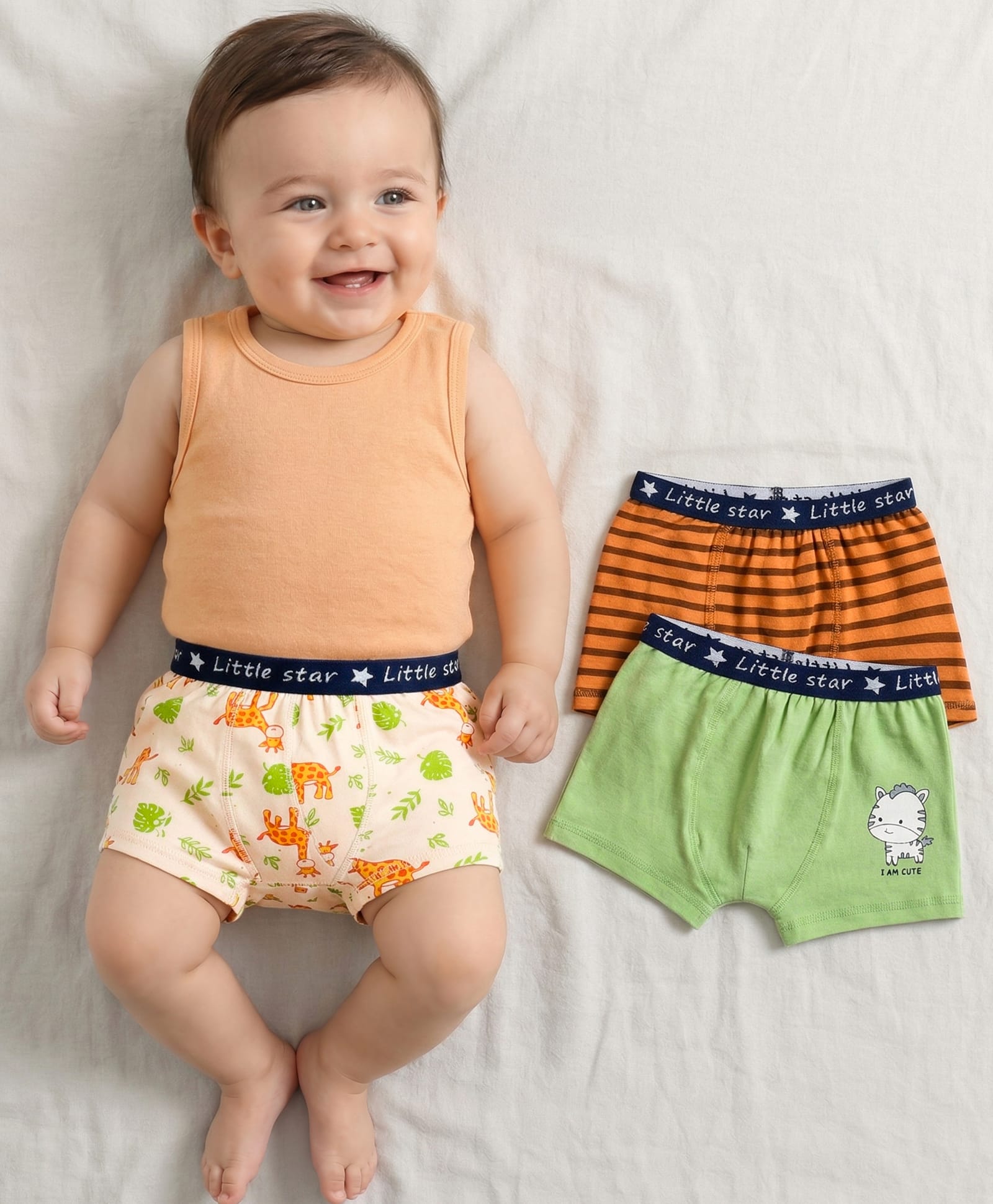 Babyoye 100% Cotton Elastane Knit Trunks With Stripes and Animal Print Pack Of 3 - Orange Cream & Olive Green-image-22