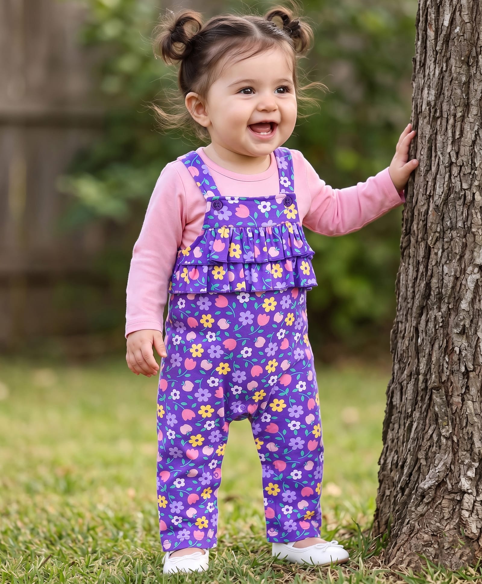 Babyhug Single Jersey Knit Floral Printed Dungaree with Full Sleeves Inner Tee - Pink & Purple-picture-25