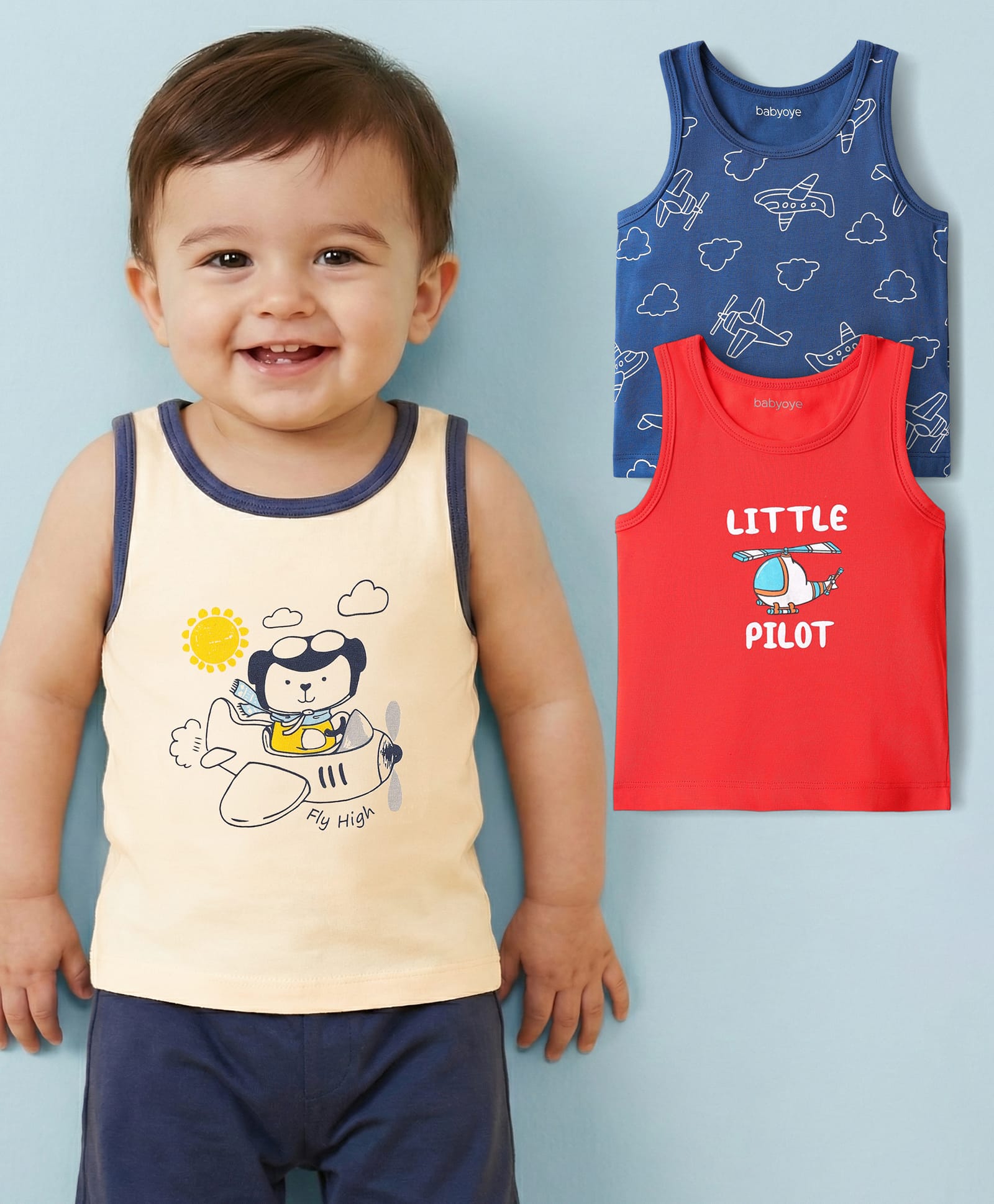 Babyoye 100% Cotton Elastane Knit Sleeveless Vest with Aeroplane & Animal Print Pack of 3 - Cream Red & Blue-image-19