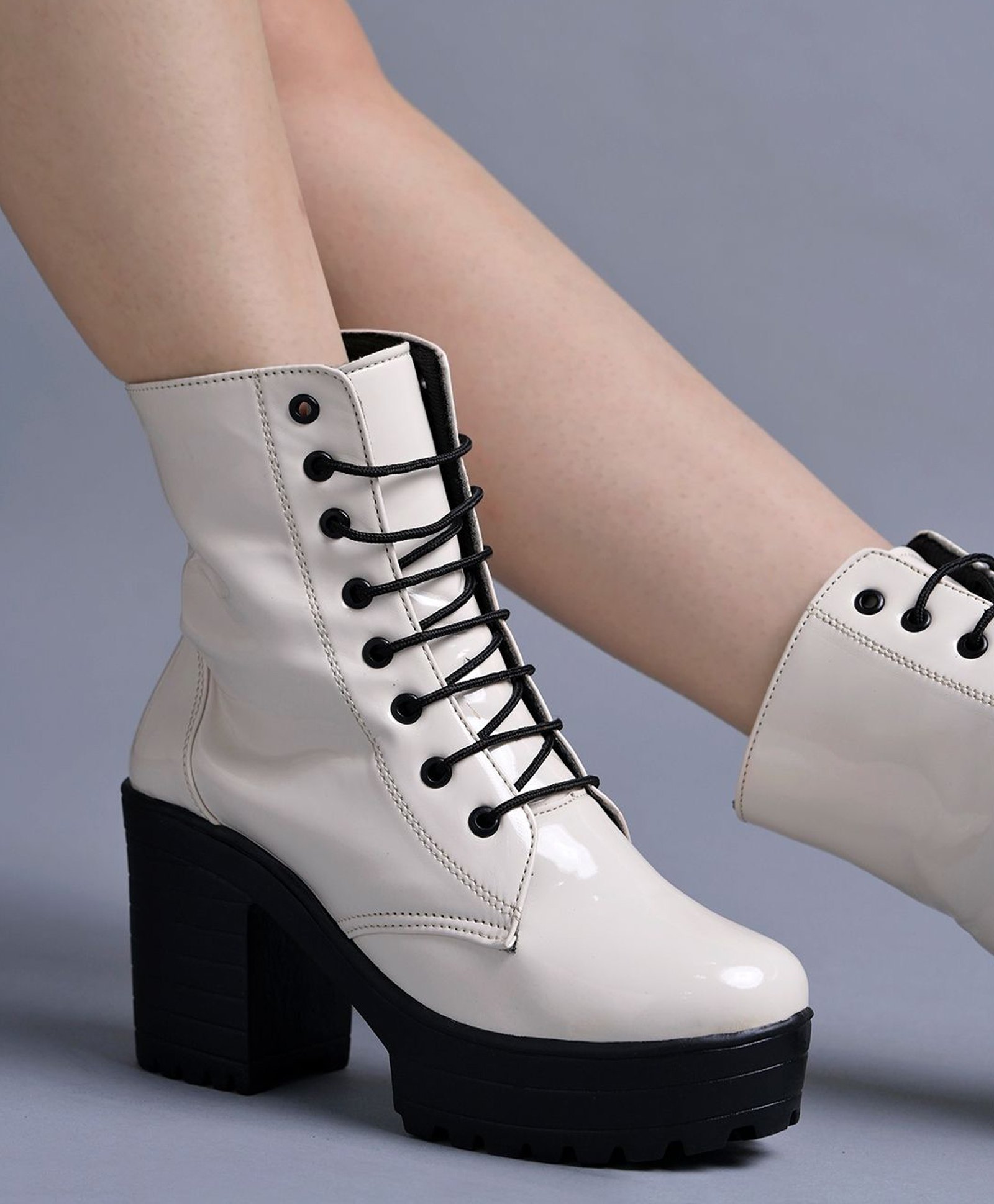 Shoetopia Solid Lace Ups Boots - Cream-image-44
