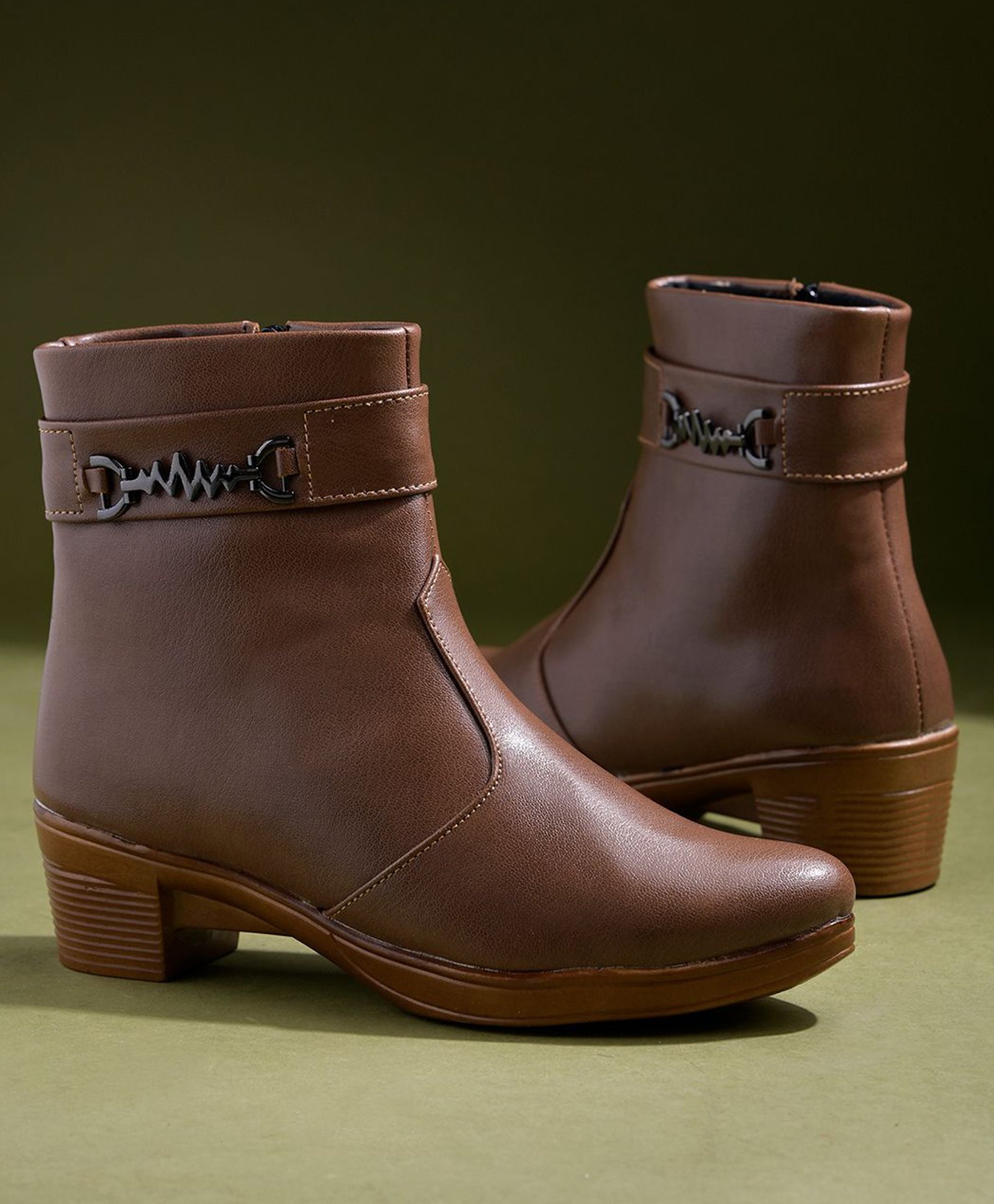 Shoetopia Metal Applique Detailed Zipper Closure Boots - Tan-image-33