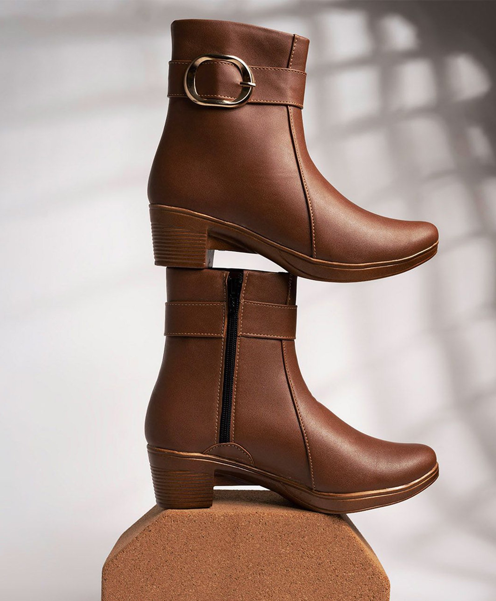 Shoetopia Buckle Applique Detailed Zipper Closure Boots - Tan-picture-17