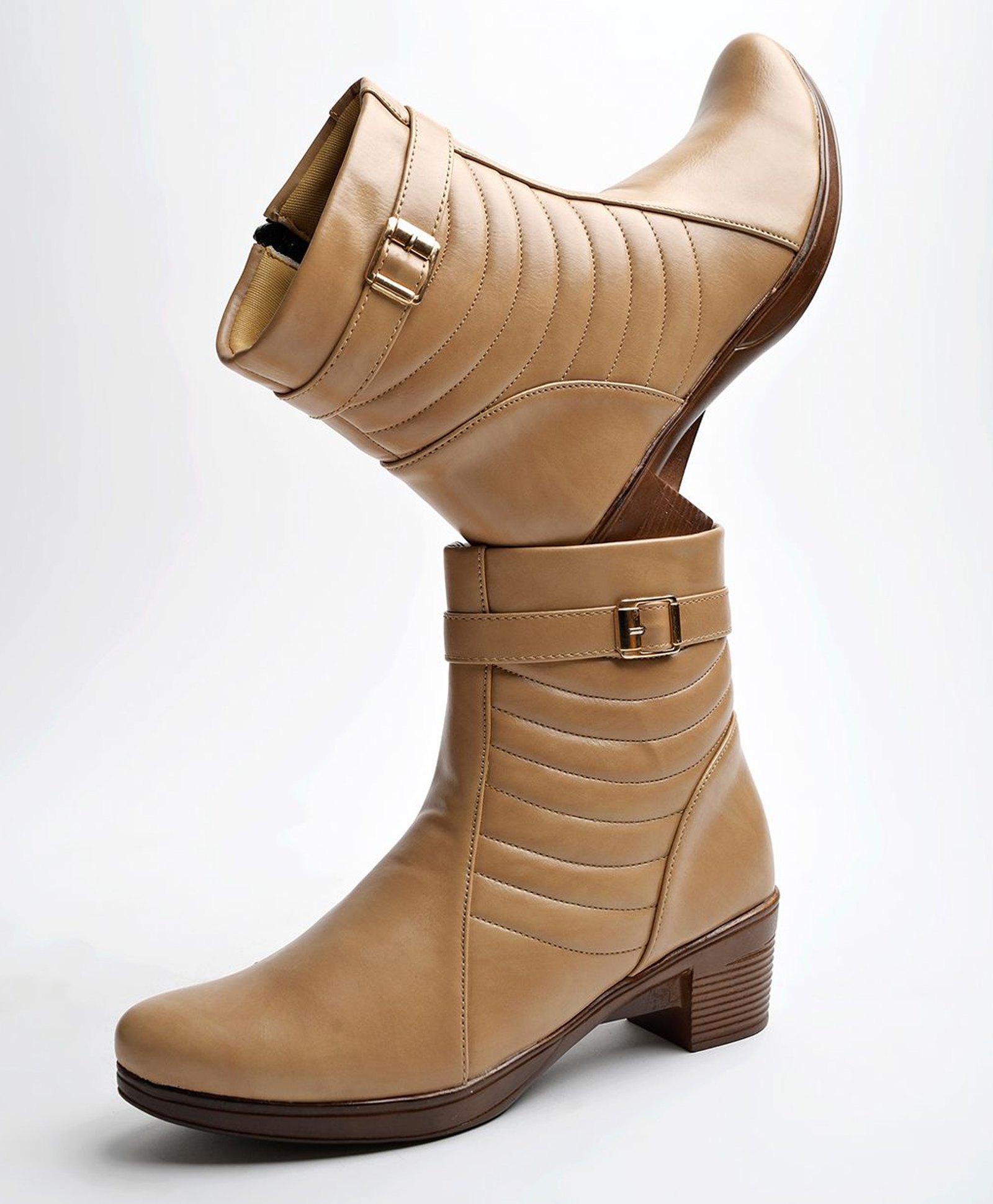 Shoetopia Buckle Applique Detailed Zipper Closure Boots - Cream-picture-22