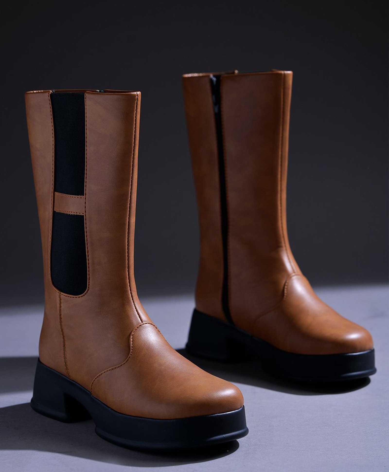 Shoetopia Colour Blocked Zipper Closure Long Boots - Tan-image-9
