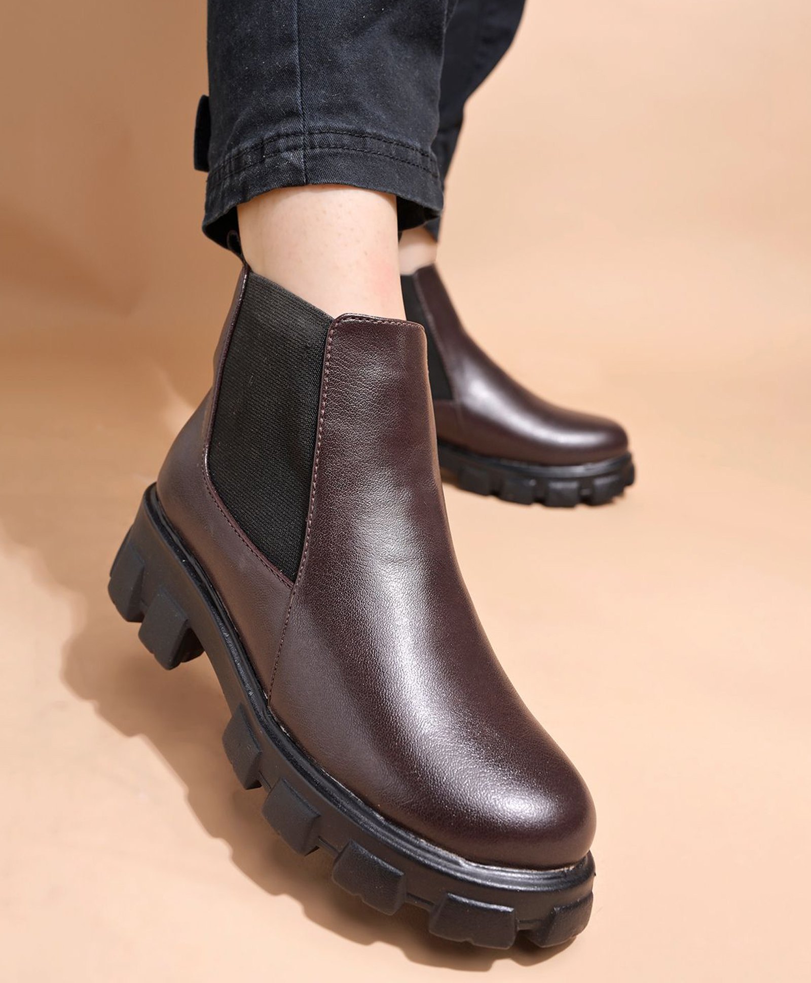 Shoetopia Solid Chelsea Boots - Brown-image-4