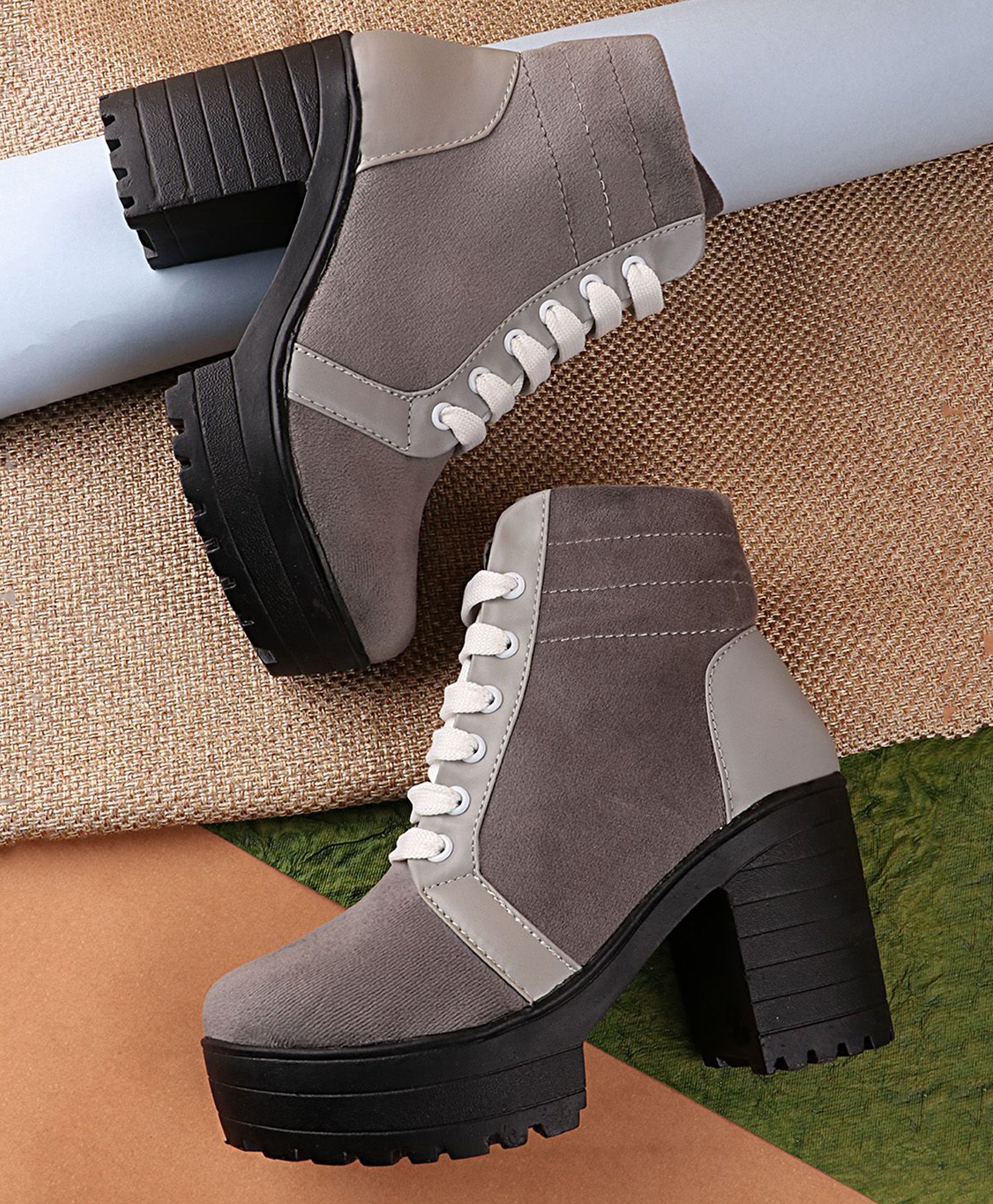 Shoetopia Colour Blocked Lace Up Boots - Grey-picture-25