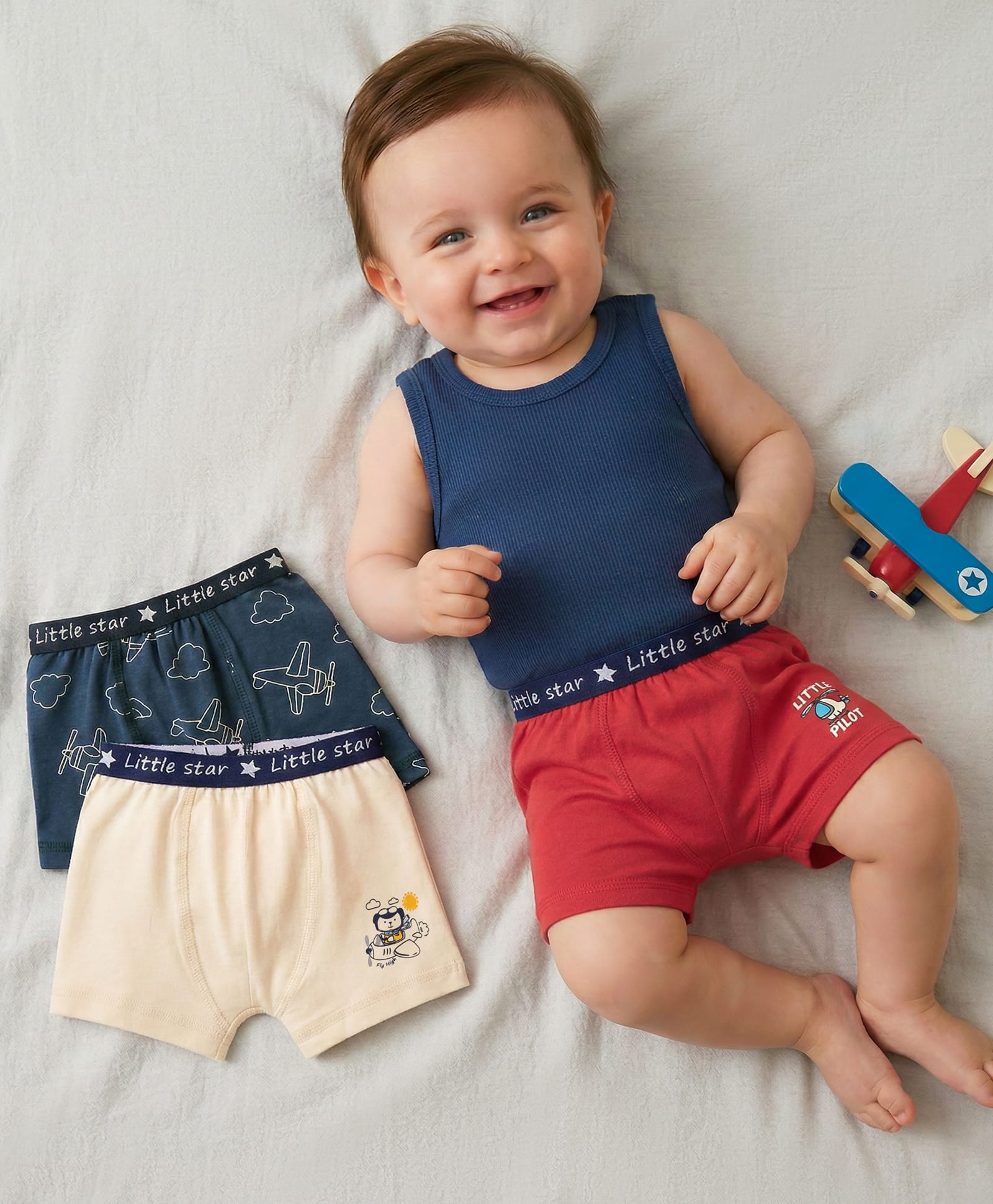 Babyoye 100% Cotton Knit Trunks with With Plane & Little Pilot Text Print Pack Of 3 - Red Navy Blue & Beige-picture-13