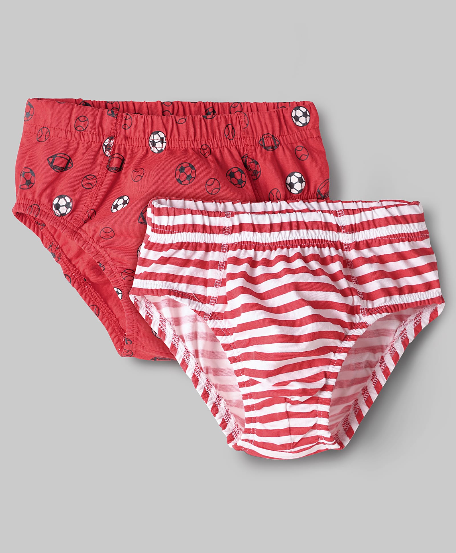 Kookie Kids Cotton Spandex Knit Briefs with Stripe & Sports Print Pack of 2 - Red & White