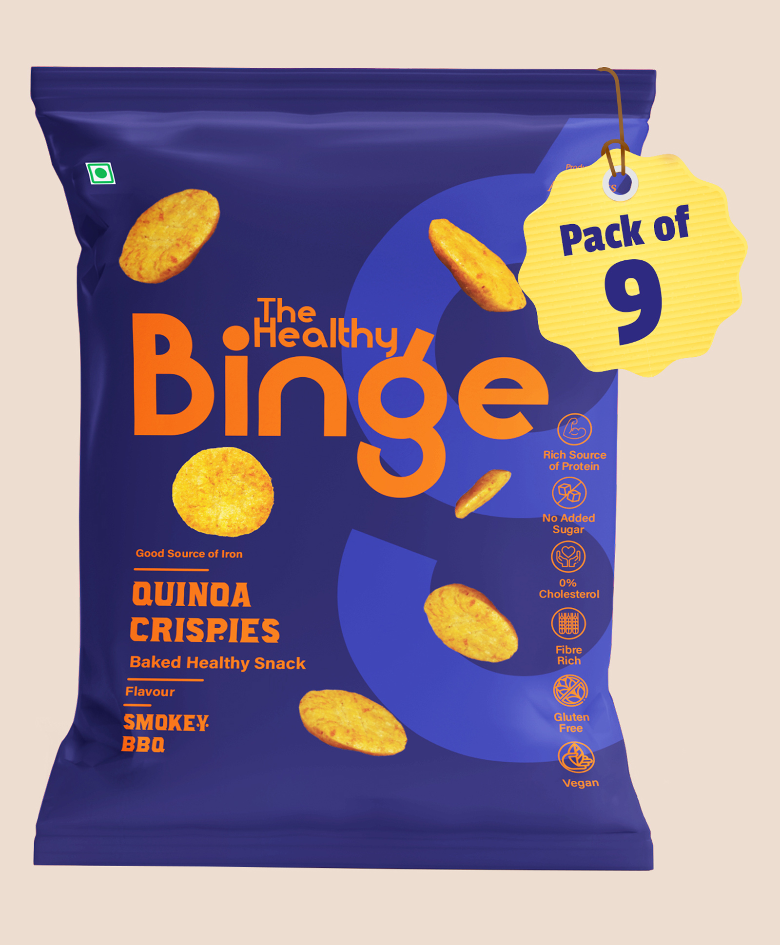 The Healthy Binge Quinoa Crispies Baked Chips Snacks for Adults and Kids | Smokey BBQ Flavour | Gluten-Free | 0% Cholesterol | Pack of 9 (40 g X 9)-image-8