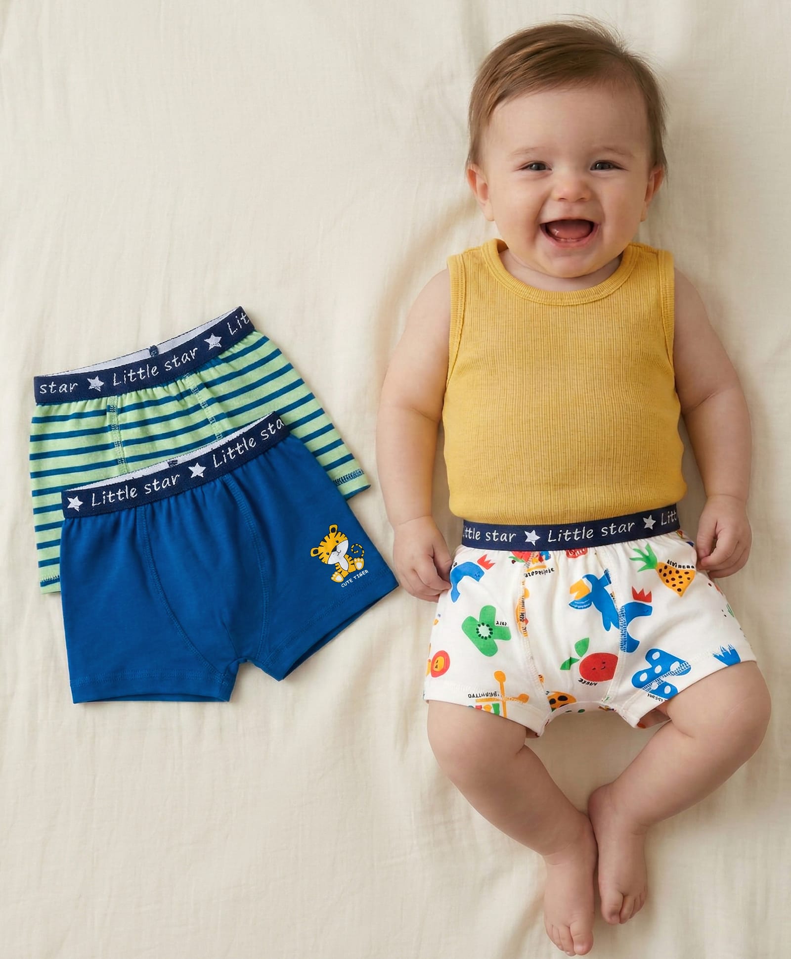 Babyoye 100% Cotton Knit Trunks With Stripes Animal & Text Print Pack of 3 - Green White & Blue-image-49