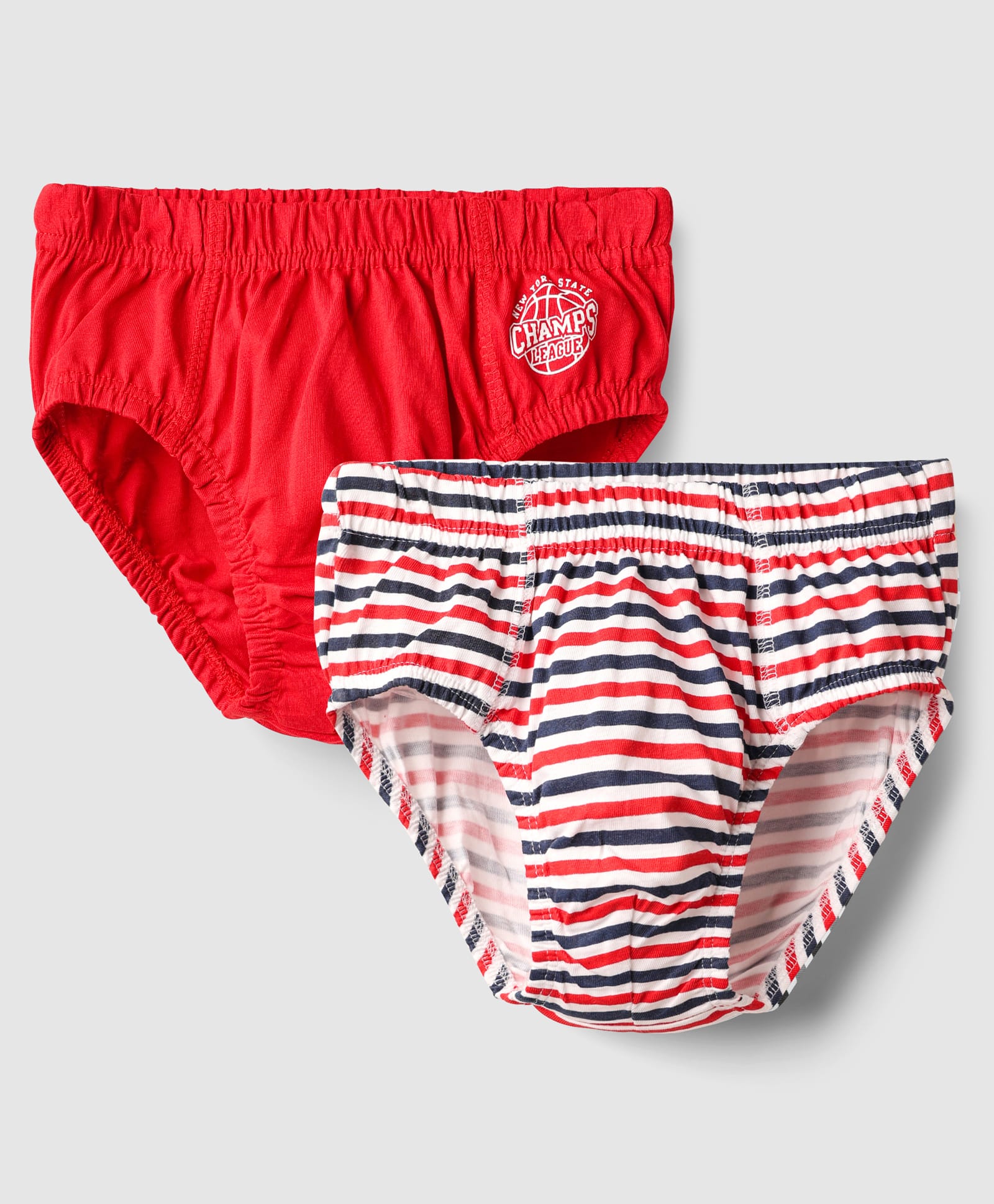 Kookie Kids Cotton Spandex Knit Briefs with Stripe & Sports Print Pack of 2 - Red Navy Blue & White