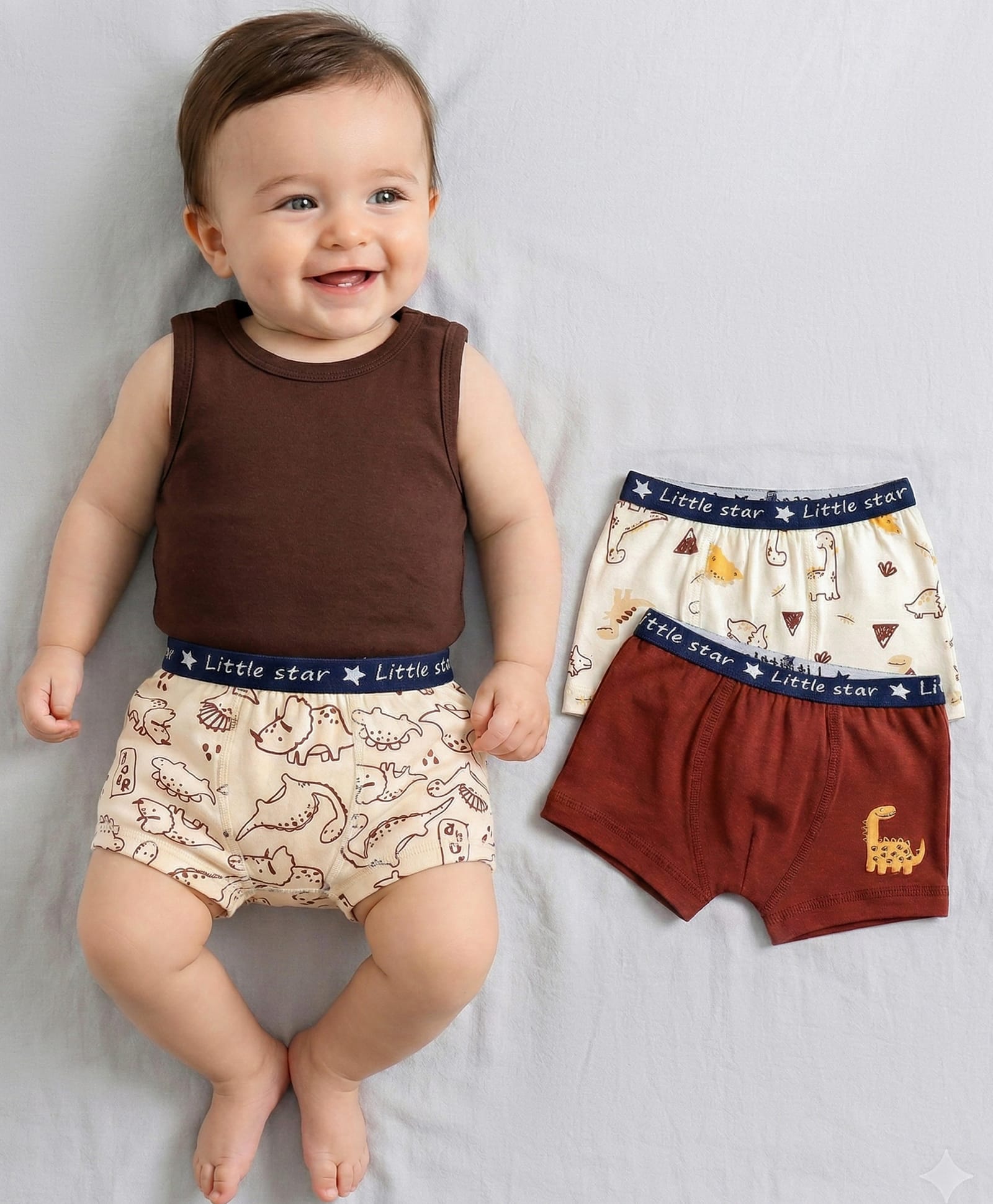 Babyoye 100% Cotton Knit Trunks with Dino Print Pack of 3 - Cream & Maroon-image-32
