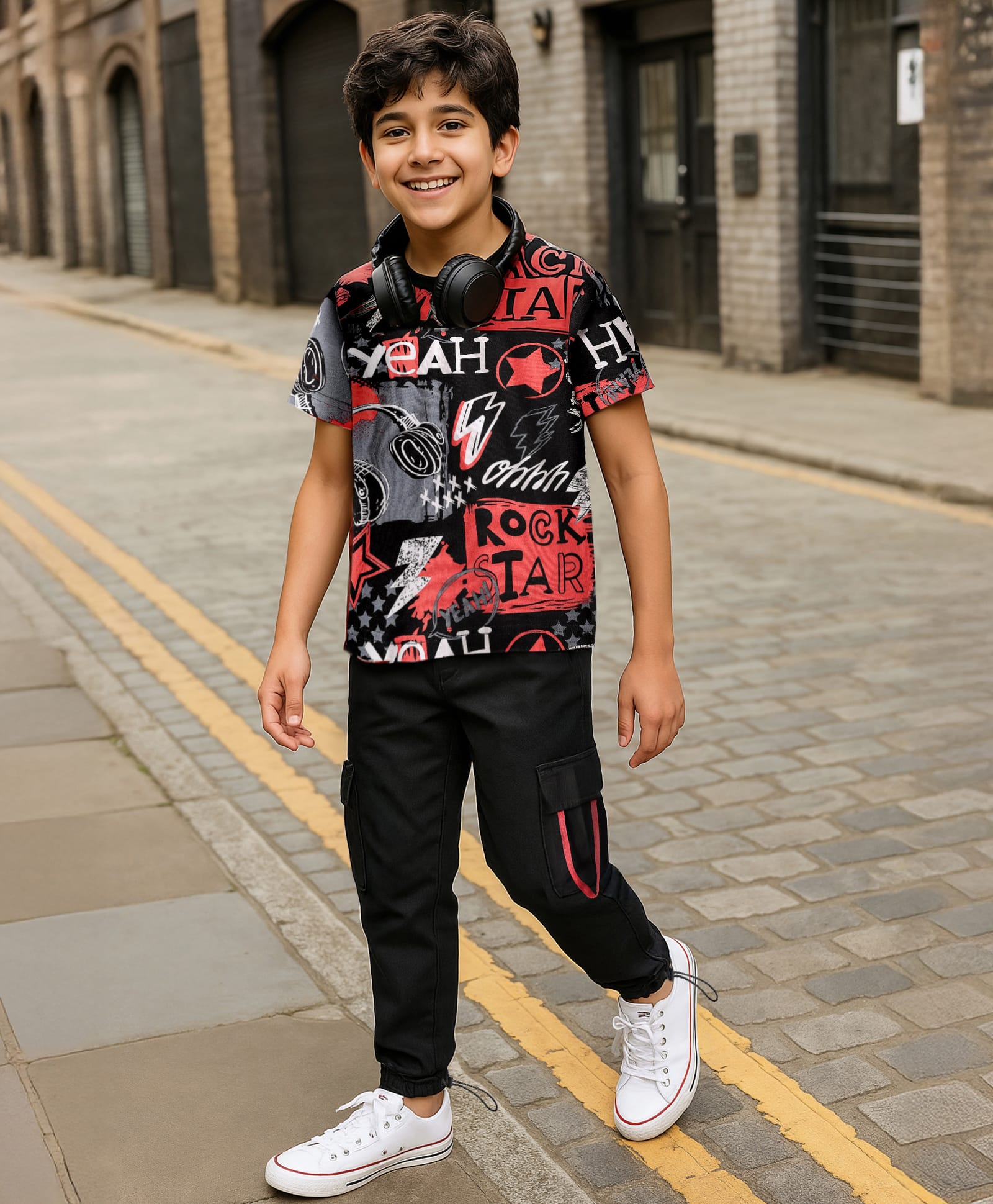 OLLINGTON ST. Cotton Sinker Knit Half Sleeves T-Shirt & Taffeta Woven Joggers with Rock Print - Multicolor & Black-picture-12