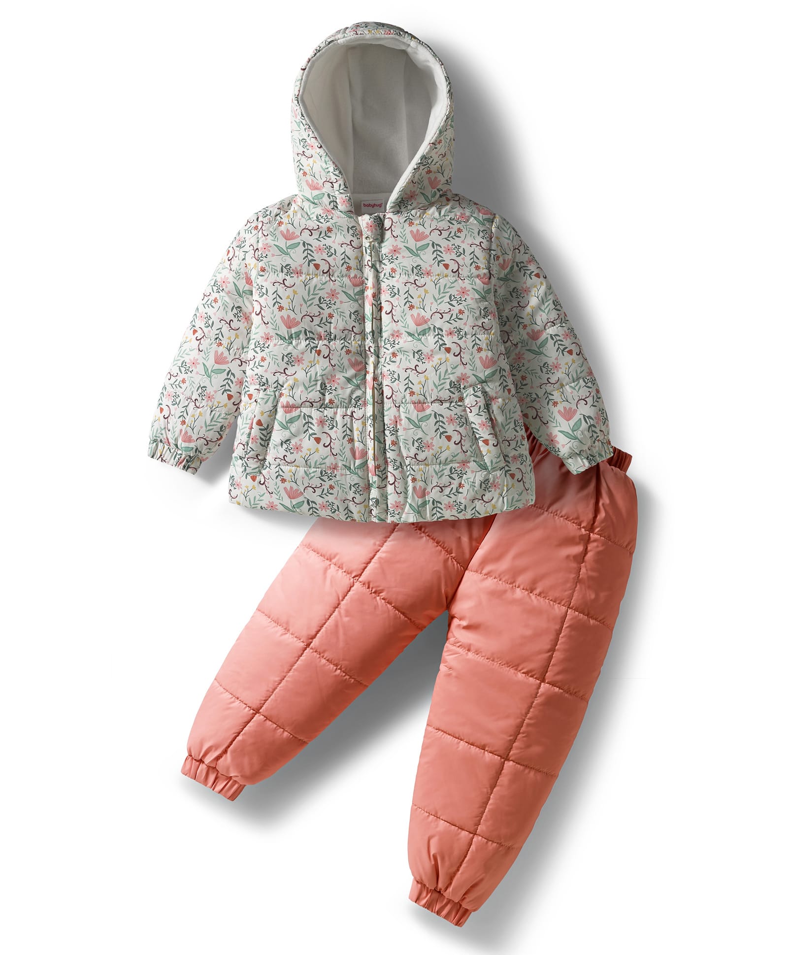 Babyhug Woven Full Sleeves Hooded Winter Wear Suits Sets with Kangaroo Pockets - OffWhite & Coral-image-34