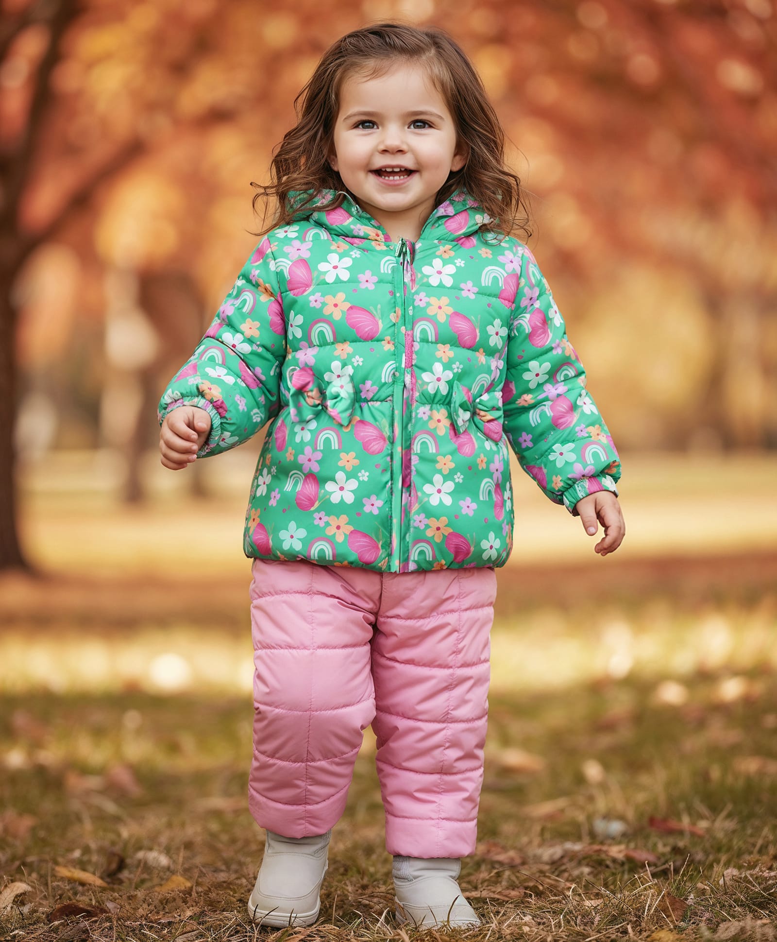 Babyhug Woven Full Sleeves Front Zipper Winter Wear Suit Set with Quilted Pant Floral Print Frill Detailing on Hoodie & Bow Applique - Green & Pink-picture-18