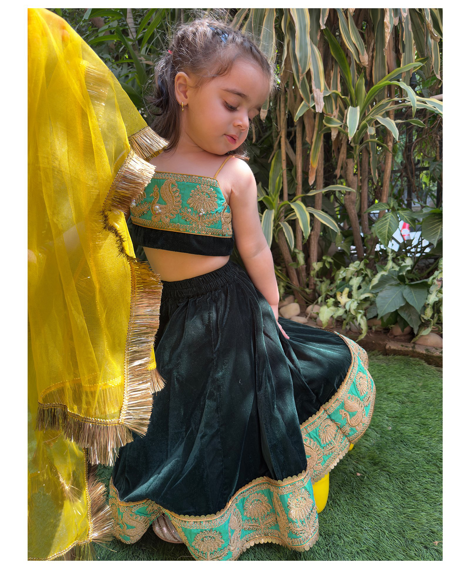 BYB Premium Velvet Woven Sleeveless Peacock Embroidered & Sequins Embellished Coordinating Lehenga Choli With Dupatta Set - Green-image-18