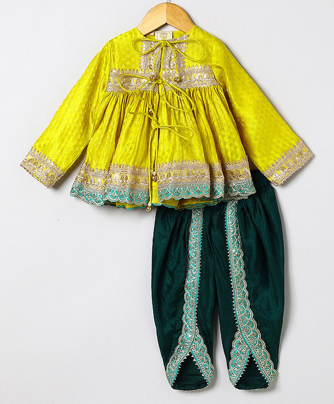 BYB Premium Silk Woven Full Sleeves Leaves Foil Printed Gota Lace Embellished Top & Dhoti Set - Lime Yellow-image-29