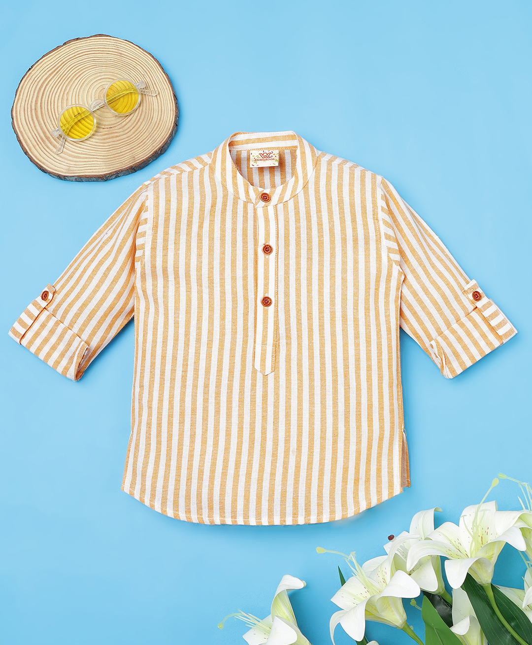 Rikidoos Cotton Woven Full Sleeves Striped Kurta Style Shirt - White & Beige-picture-16