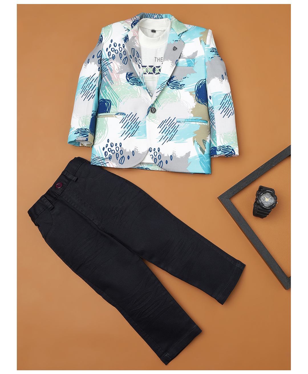 Rikidoos Cotton Woven Full Sleeves Typography Printed Tee & Trousers With Full Sleeves Blazer Set - Multi Colour & Navy Blue-picture-22