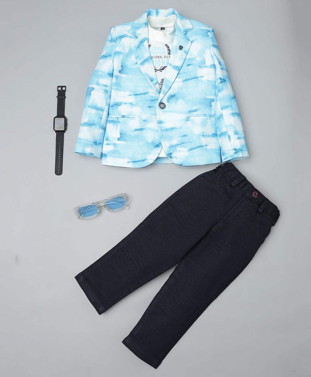 Rikidoos Cotton Woven Full Sleeves Abstract Printed Tee & Trousers With Full Sleeves Blazer Set - Sky & Navy Blue-picture-35