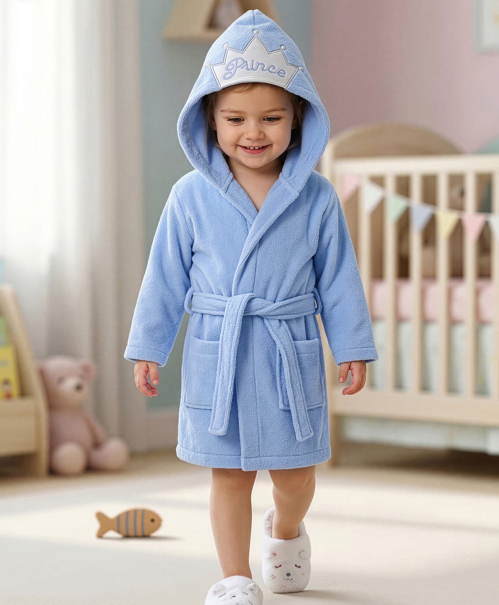 Babyhug Woven Terry Full Sleeves Hooded Bath Robe Princess Patch - Blue-image-26
