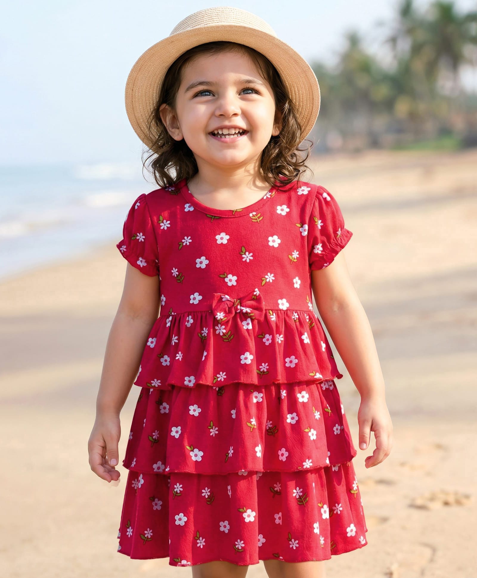 Babyhug Single Jersey Knit Half Sleeves Frock With Floral Print & Bow Applique - Red-image-22