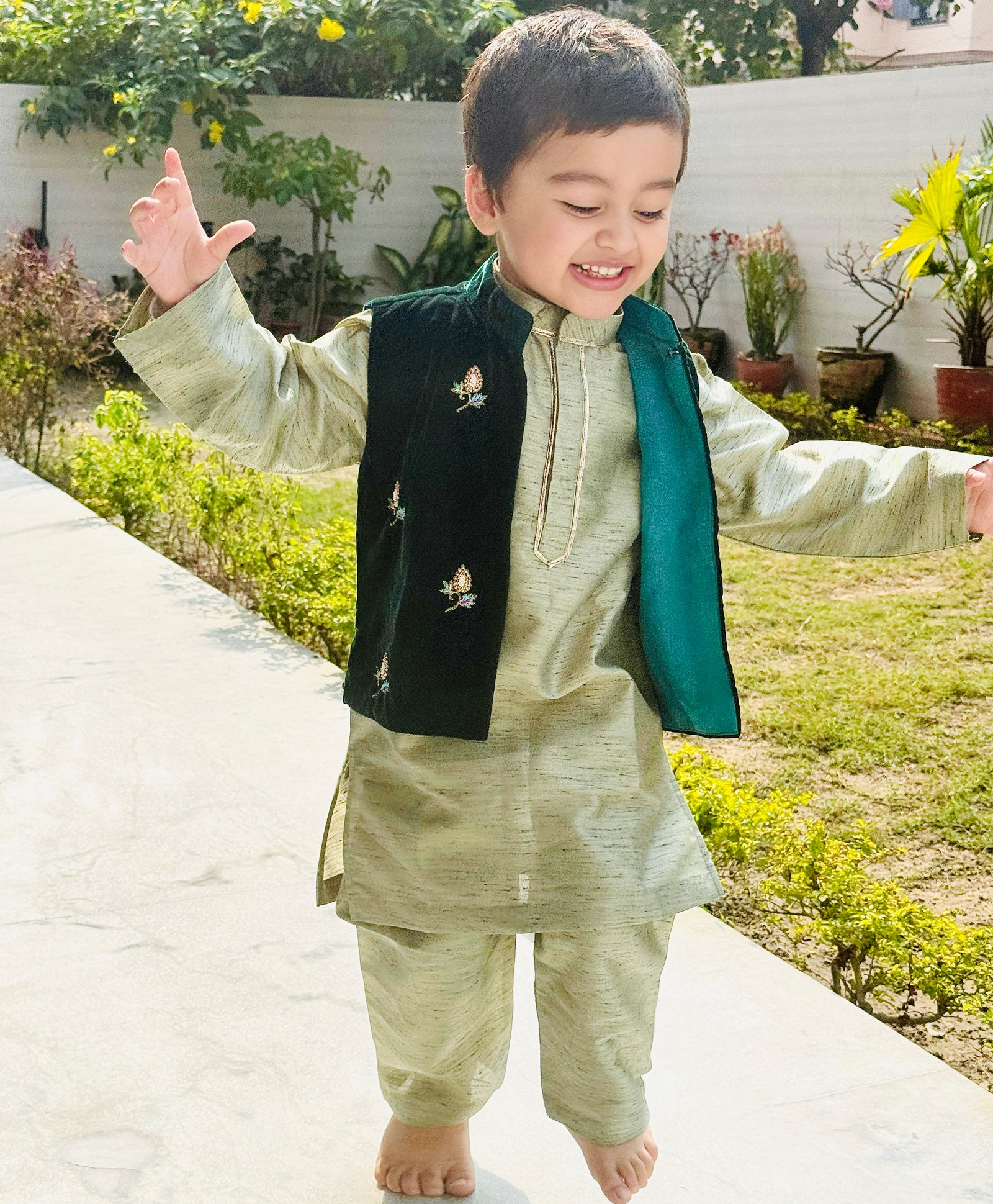 BYB Premium Velvet Woven Full Sleeves Gota Lace Embellished Kurta Pyjama With Floral Embroidered Jacket Set - Sage Green-image-49