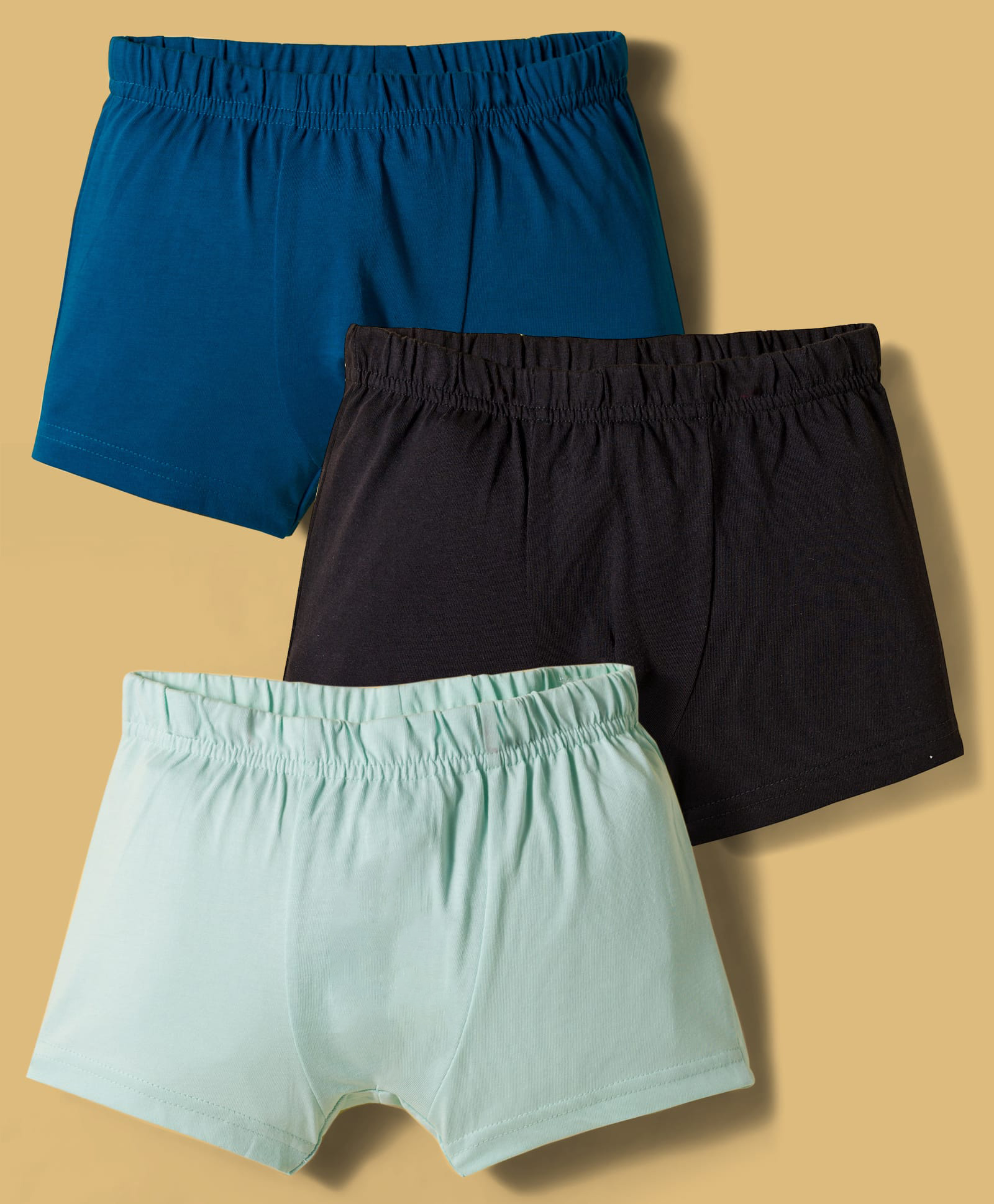 Kookie Kids Cotton Spandex Knit Solid Trunks Pack of 3 - Sea Green Black & Blue-image-32