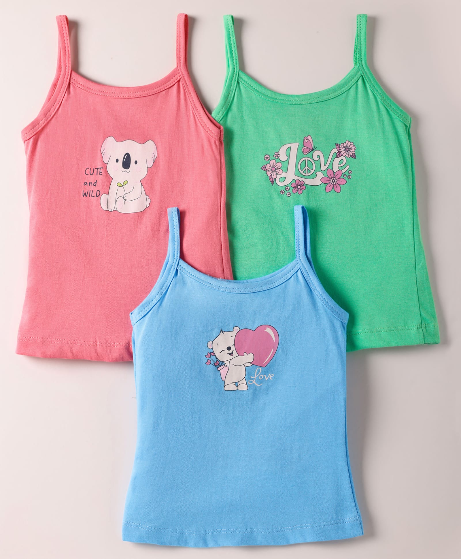 Revvo Junior Cotton Knit Sleeveless Slips with Panda & Teddy Print Pack of 3 - Aqua Green & Pink-picture-13