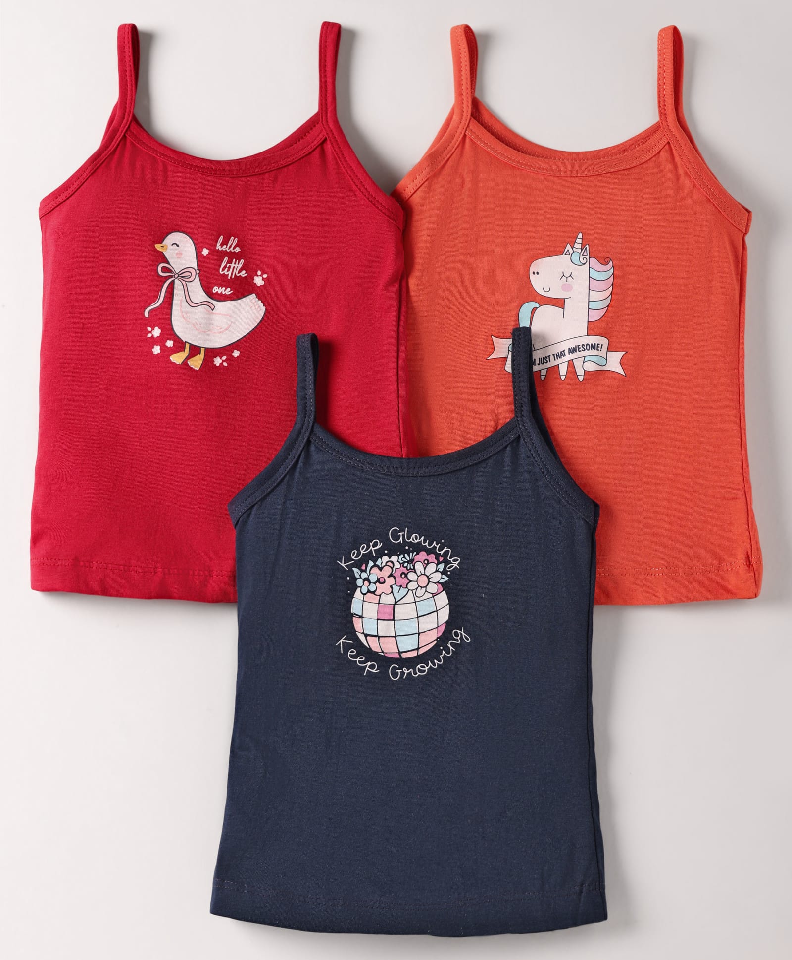 Revvo Junior Cotton Knit Sleeveless Slips with Unicorn & Floral Print Pack of 3 - Red & Navy Blue-picture-14