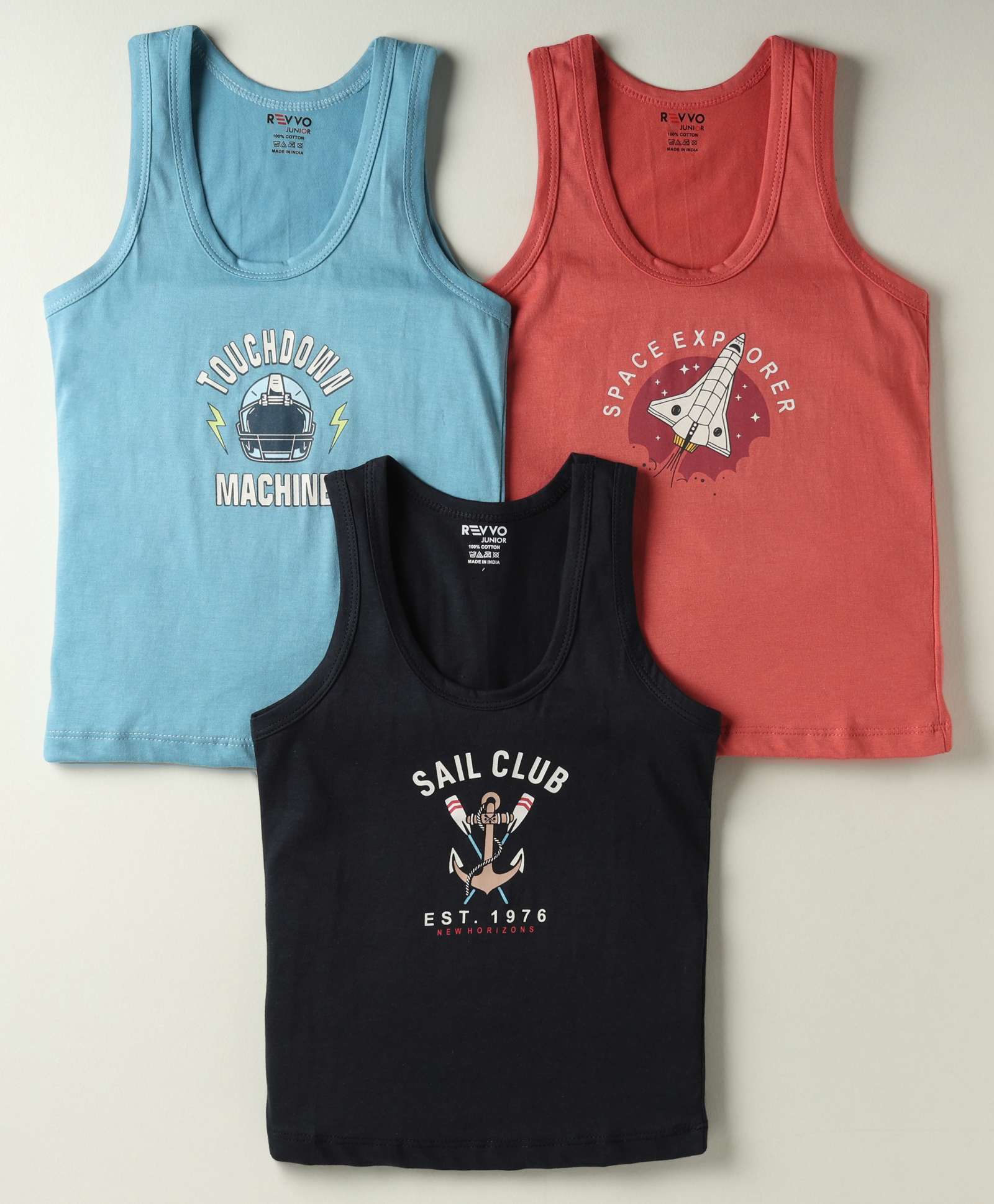 Revvo Junior Cotton Knit Sleeveless Sando Vest with Nautical Vehicle & Beach Theme Print - Rust Orange Black & Aqua Blue-image-14