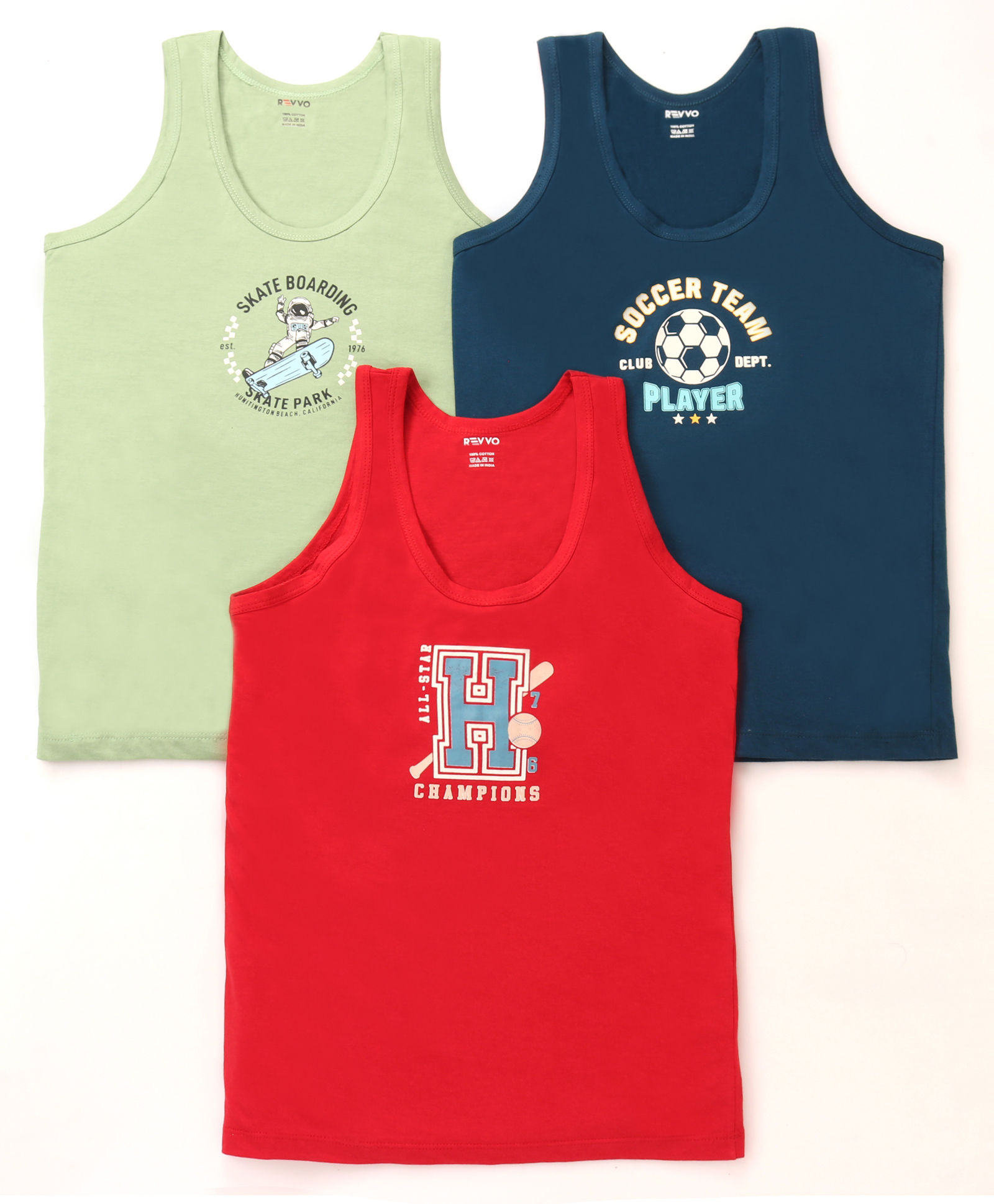 Revvo Junior Cotton Knit Sleeveless Vest with Sport Theme Text Print Pack of 3 - Green Red & Navy Blue-image-2