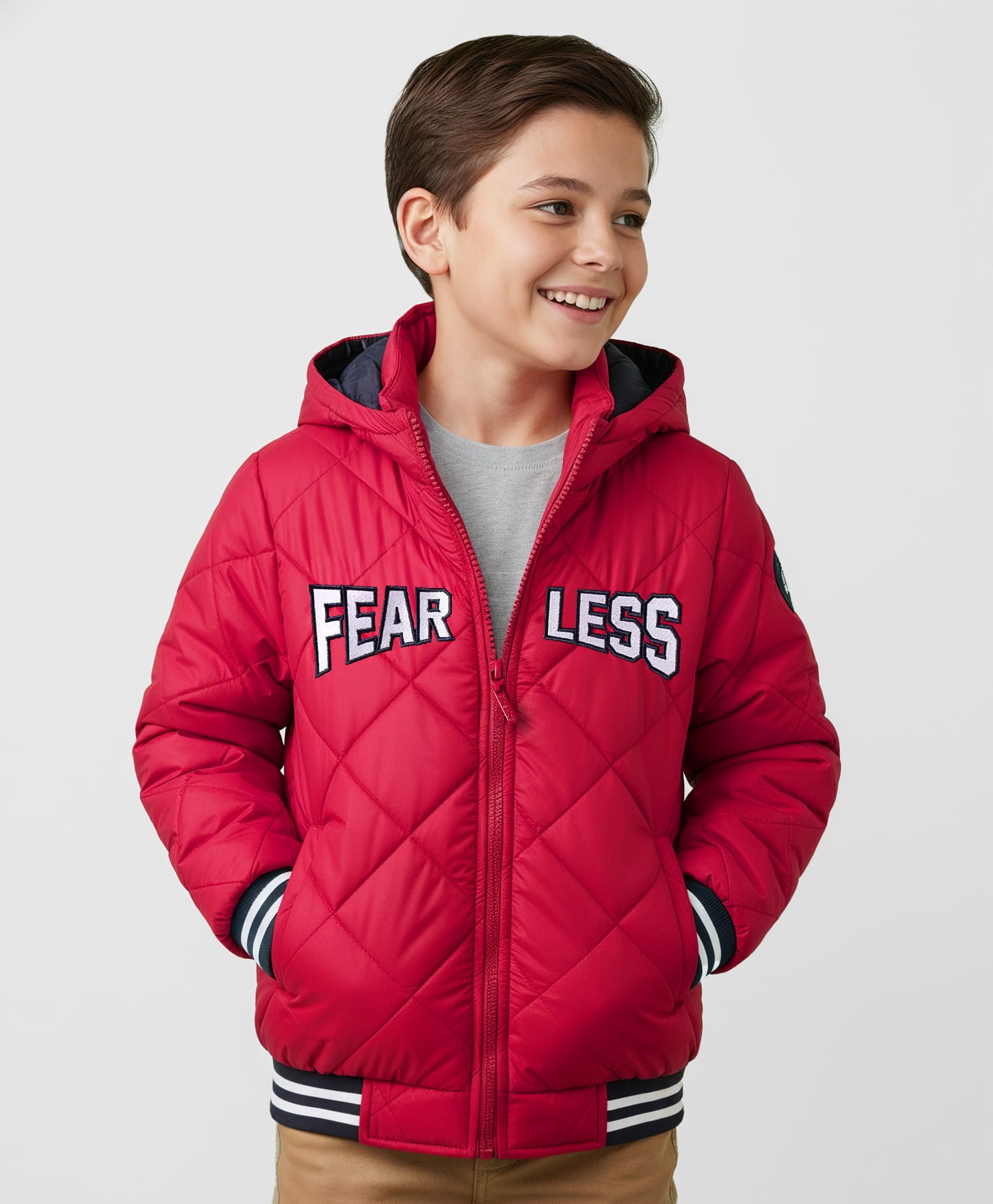 Pine Kids Woven Full Sleeves Solid Color Hooded Padded Jacket with Text Embroidery - Red-picture-21