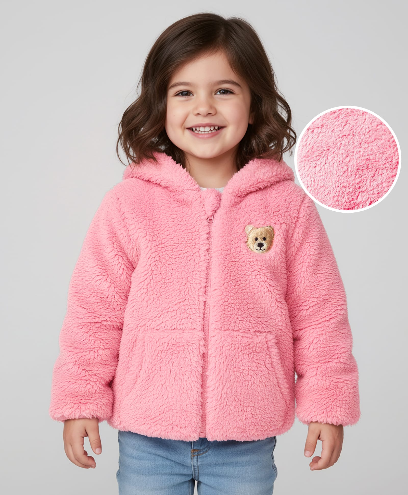 Babyhug Woven Full Sleeves Hooded Winter Jacket With Teddy Bear Embroidery & Kangaroo Pockets - Pink-picture-22