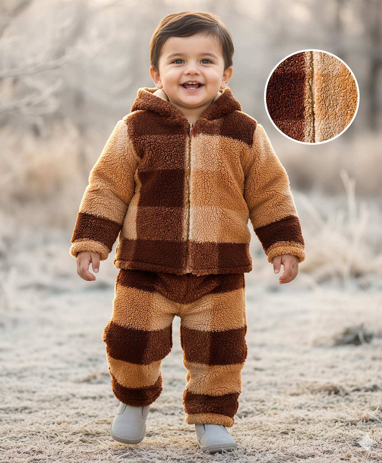 Babyhug Fur Knit Full Sleeves Hooded Color Block Winter Wear Top & Lounge Pant Set With Checks Design - Brown & Cream-image-31