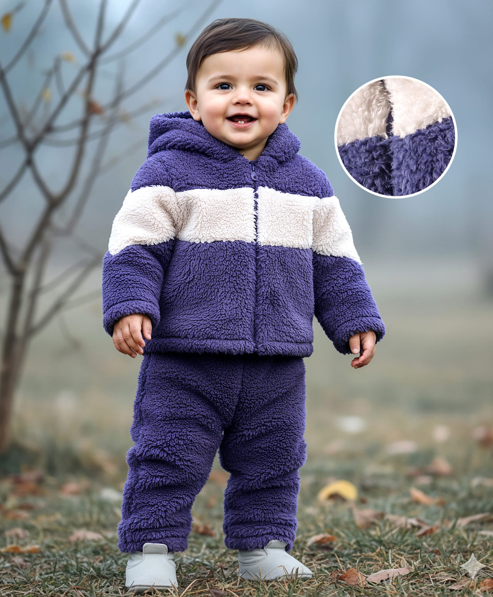 Babyhug Fur Woven Full Sleeves Color Block Hooded Winter Wear Suit Set - White & Navy Blue-image-47