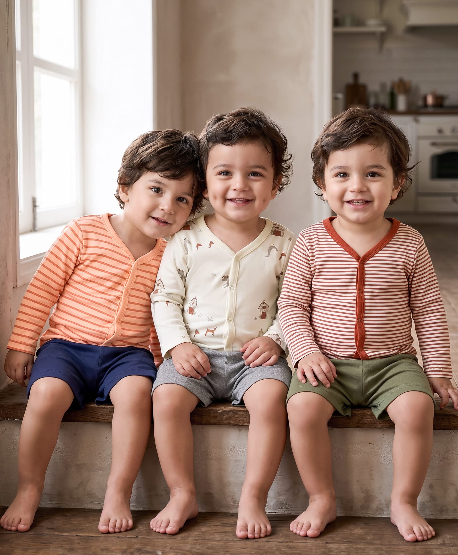 kookie kids india Kookie Kids Interlock Knit Full Sleeves Jhablas with Stripes & Farm Print Pack of 3 - Orange Red & White-picture-20