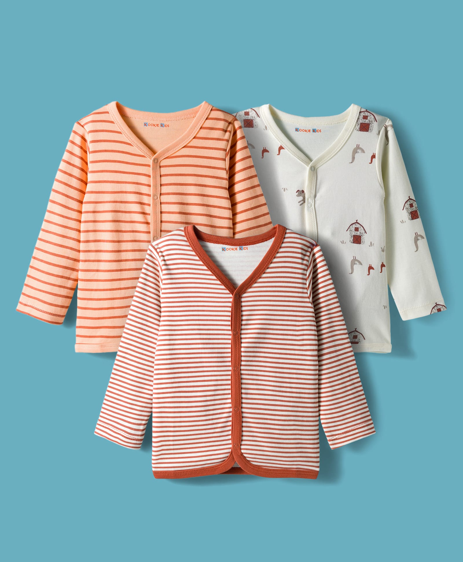 kookie kids india Kookie Kids Interlock Knit Full Sleeves Jhablas with Stripes & Farm Print Pack of 3 - Orange Red & White-picture-19