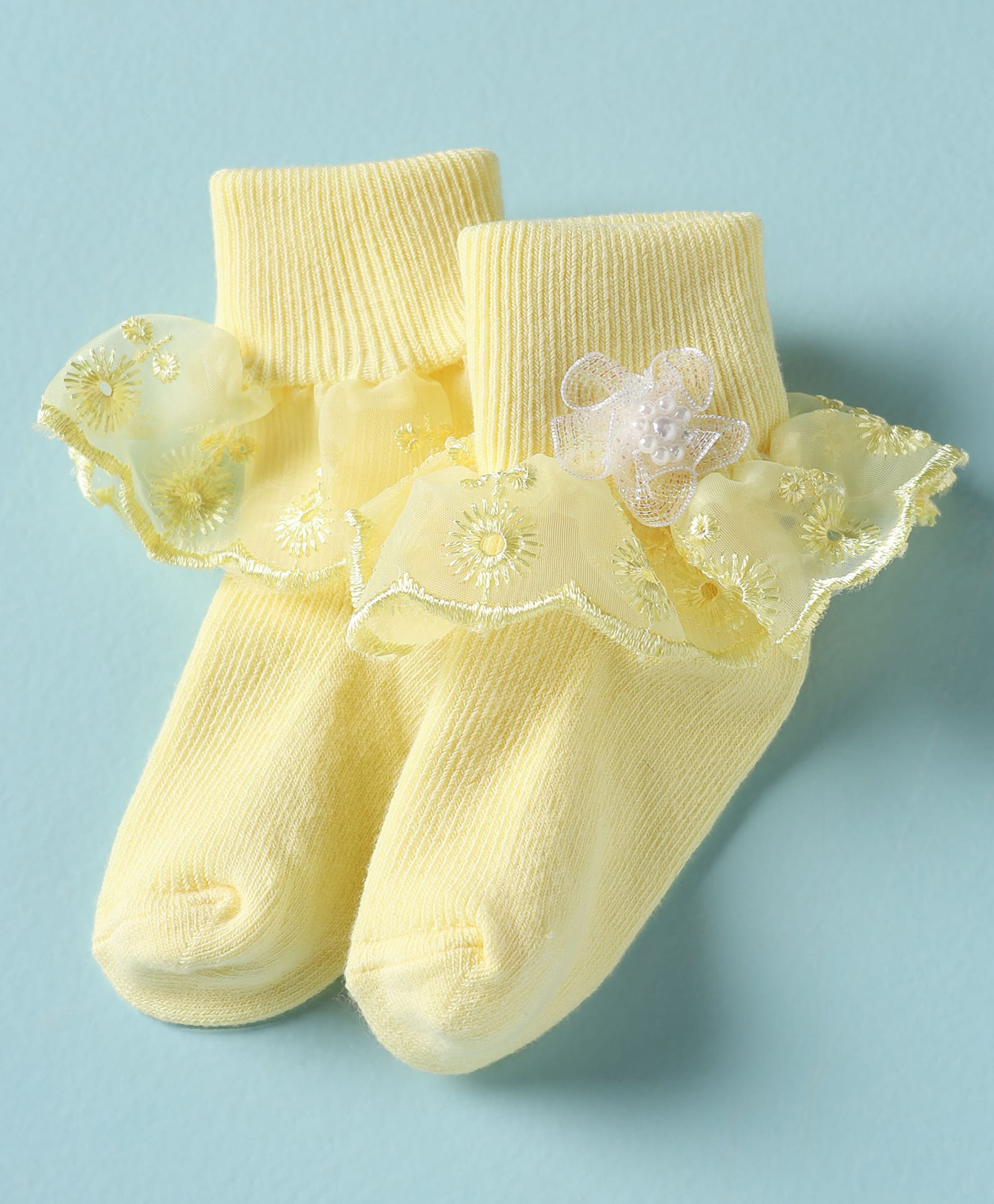 Mustang Cotton Knit Socks With Lace & Floral Applique - Yellow-picture-22