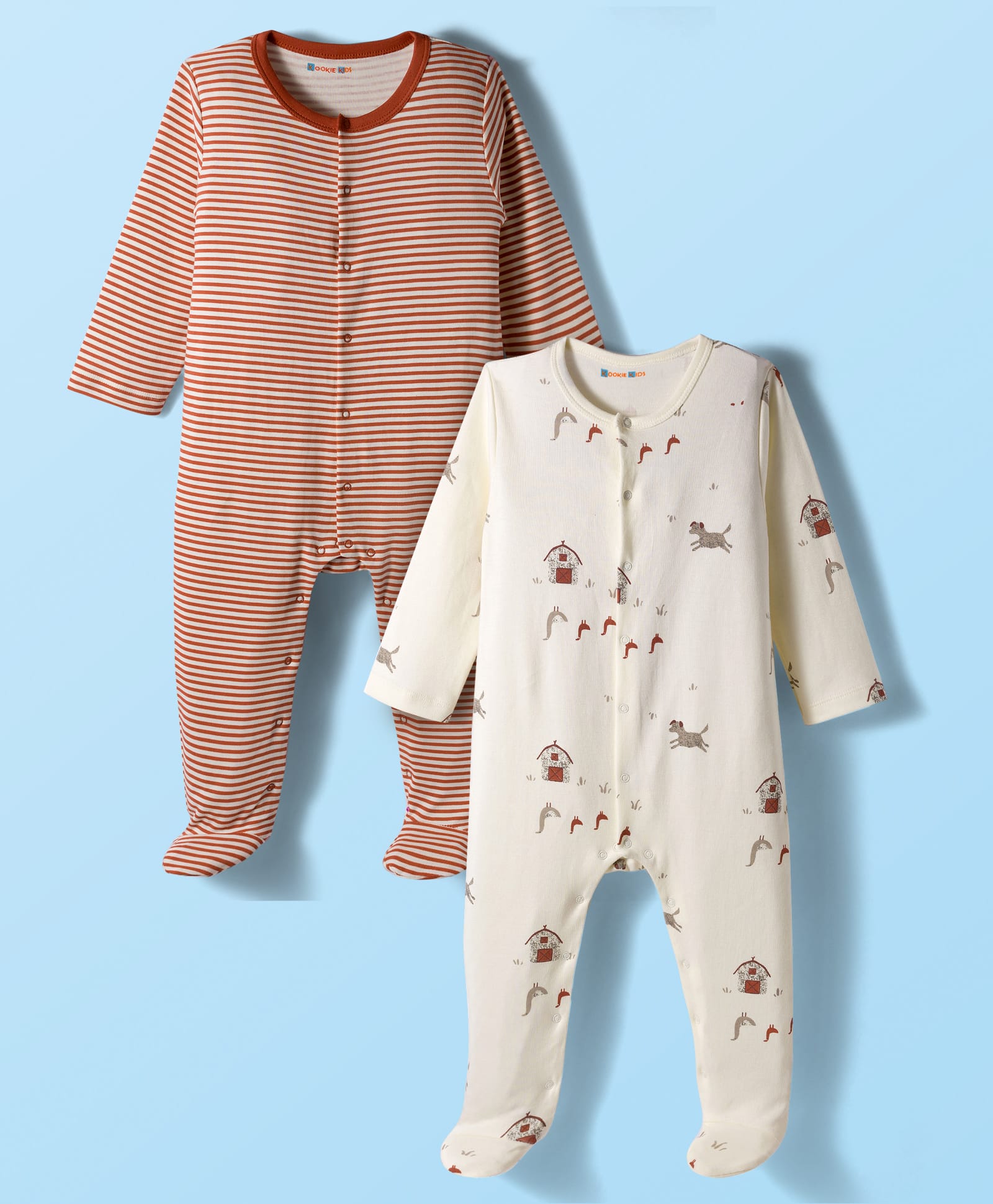 kookie kids india Kookie Kids Interlock Knit Full Sleeves Sleep Suits With Stripes Pack of 2 - White & Brown-picture-30