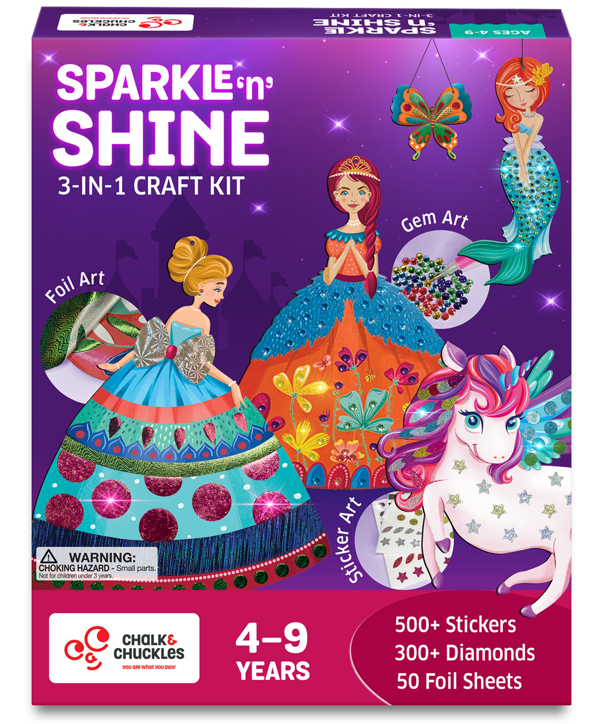 Chalk and Chuckles Sparkle & Shine 3-in-1 Craft Kit for Girls, Foil Art, Stickers & Gem Mosaics, No Mess DIY Activity for Age 49, Princess & Unicorn Theme, Birthday Gift & Screen-Free Fun-image-6