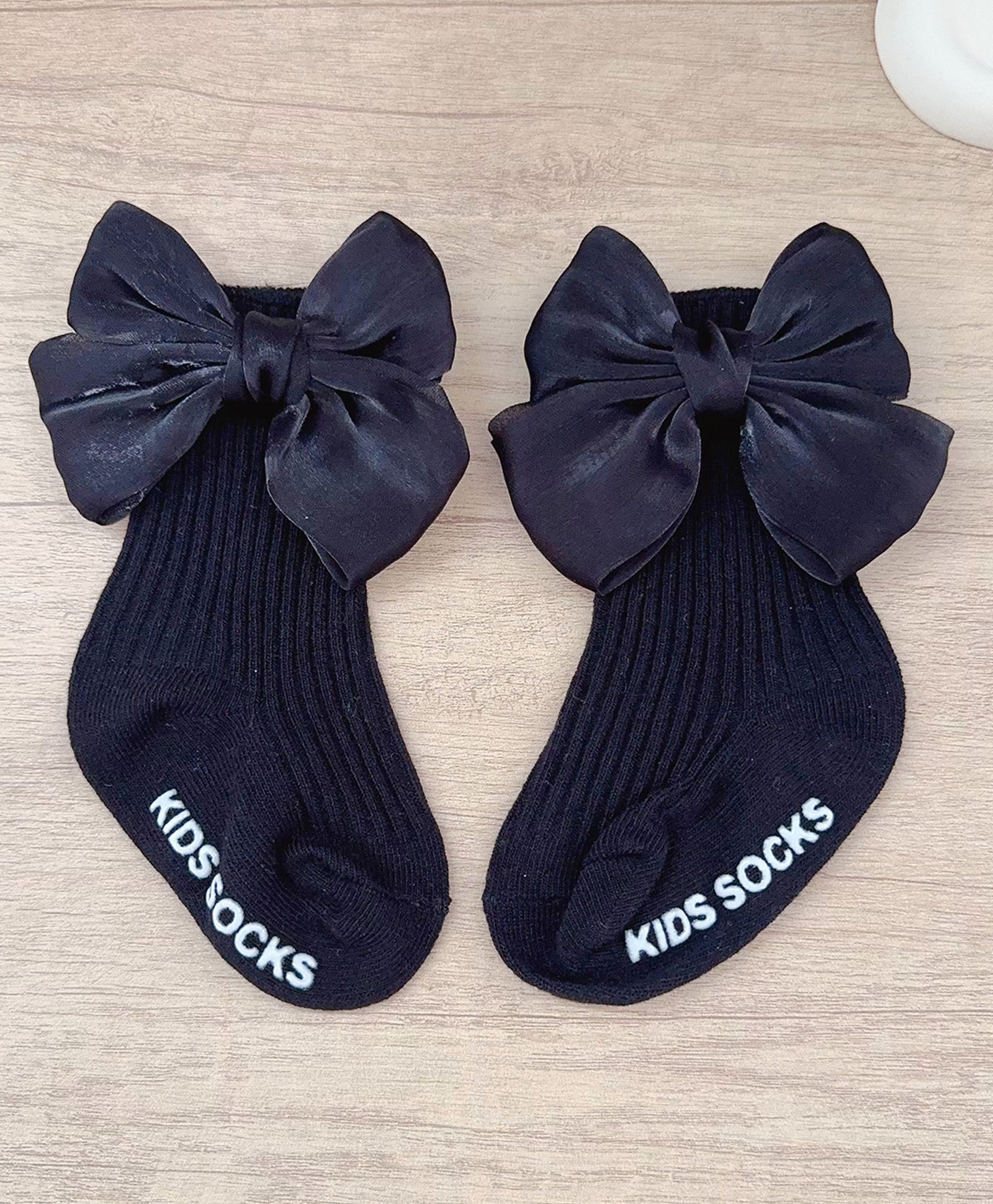 Kidofash Cotton Nylon Knit Kids Socks Text Embroidered Bow Applique Socks - Black-image-13