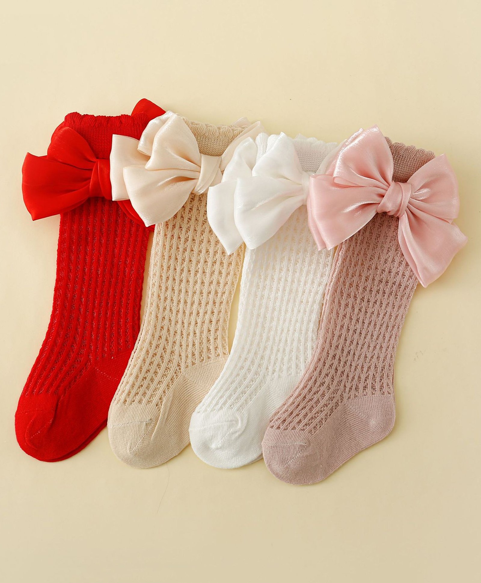 Kidofash Cotton Nylon Knit Pack Of 4 Textured Bow Applique Socks - Red-picture-10