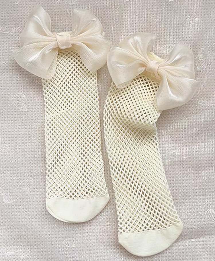 Kidofash Cotton Big Bow Designed Fishnet Socks-Cream-image-12