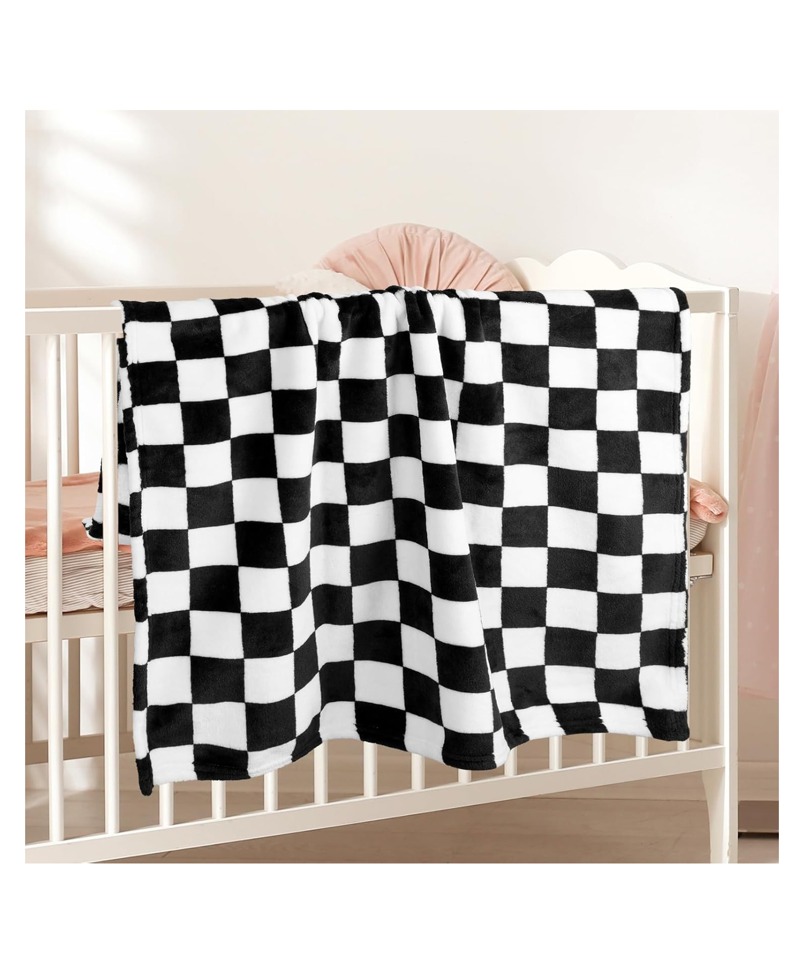 SYGA Baby Blanket Ultra Soft Grid Design, Cozy Fluffy Polyester Blanket for Newborn Infant Toddler, Crib & Stroller Use 30 x 40 inch (Black and White)-image-3