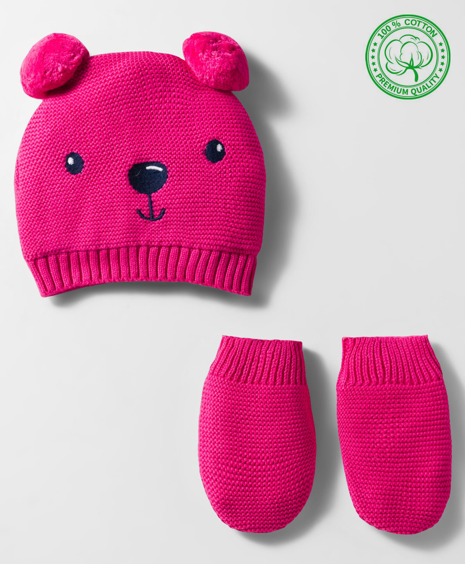 Babyhug Organic Cotton Knit Woollen Cap & Mittens With Teddy & Ear Applique Fuschia - Diameter 9 cm-image-28