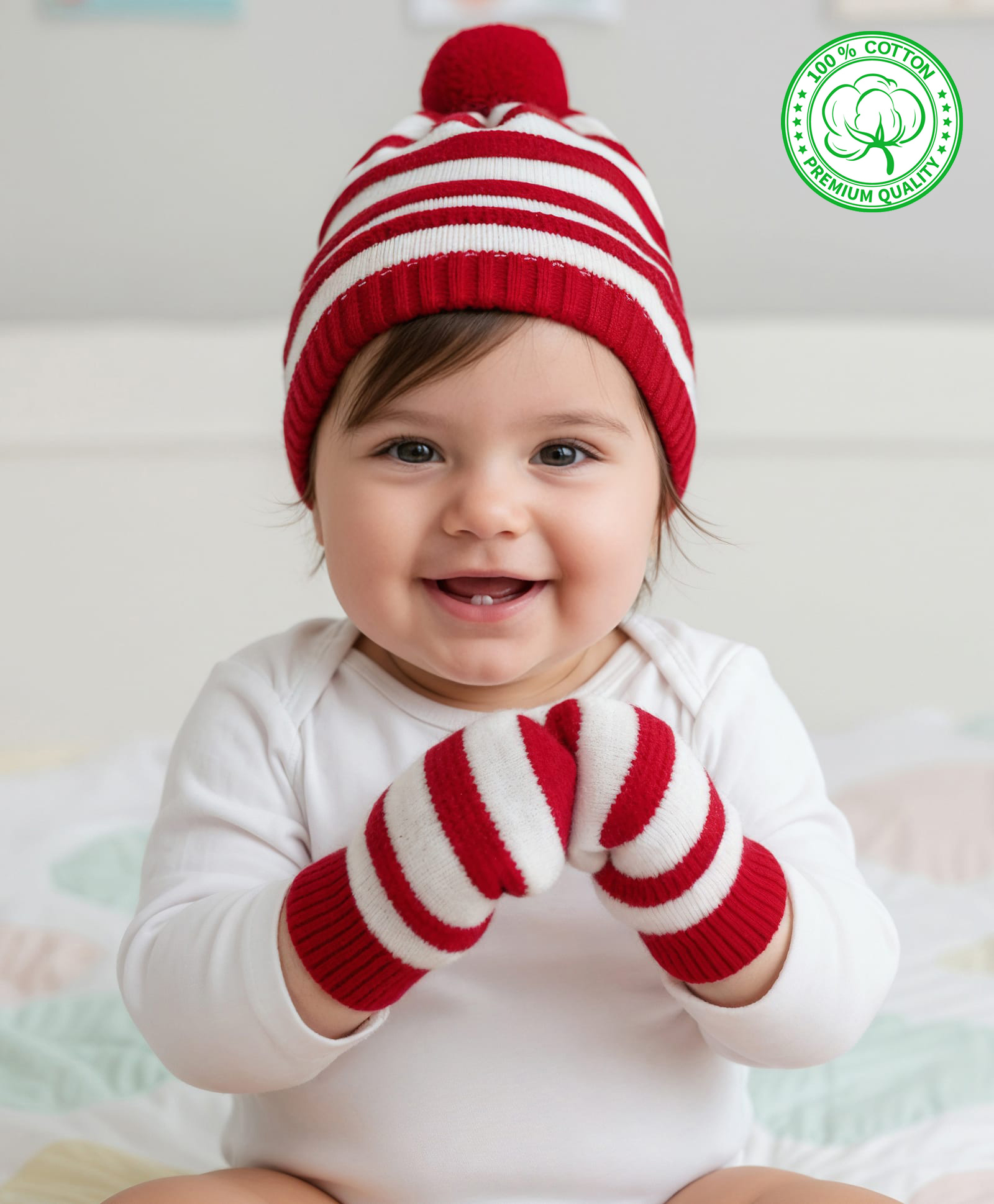 Babyhug Organic Cotton Knit Striped Woollen Cap & Mittens Red - Diameter 11 cm-image-28