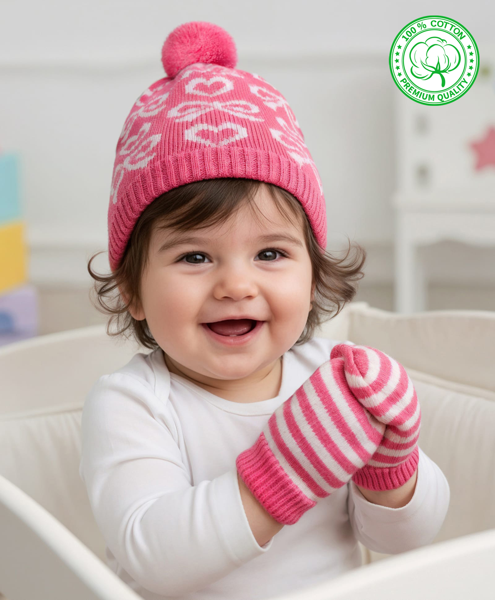 Babyhug Organic Cotton Woollen Knit Cap & Mittens Set with Stripe Bow & Hearts Design Pink - Diameter 17 cm-image-39
