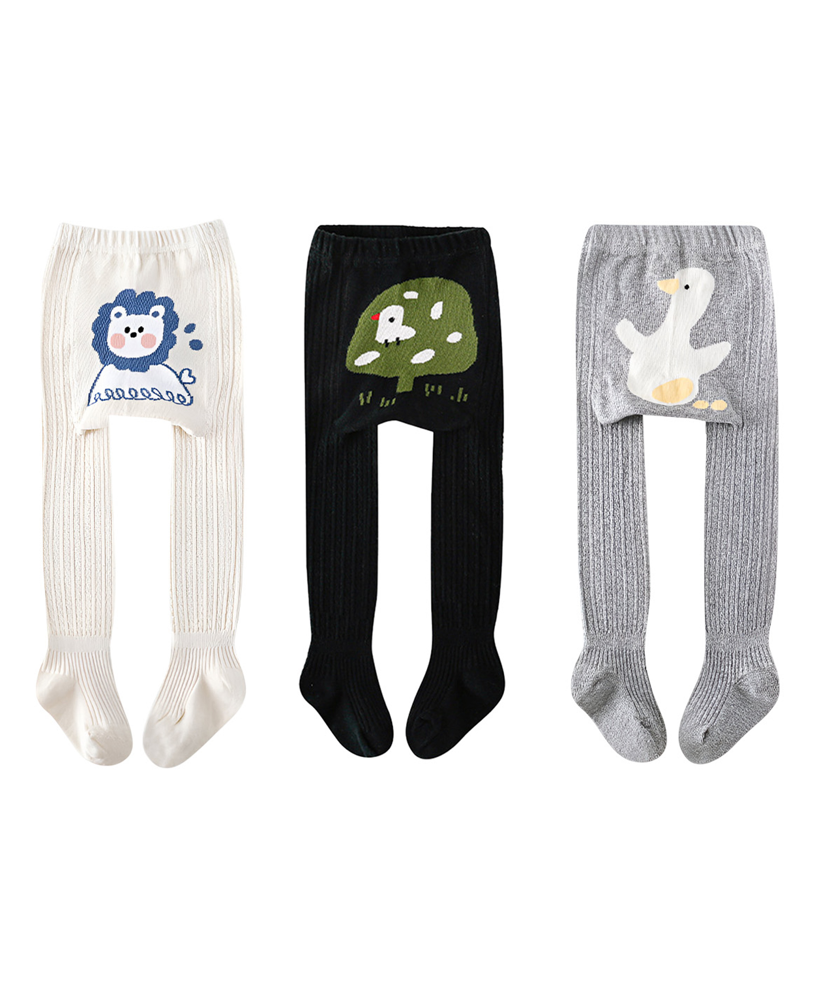 SYGA Pack of 3 Cotton Animal Design Ribbed Stockings - Black & Grey & Beige-picture-25