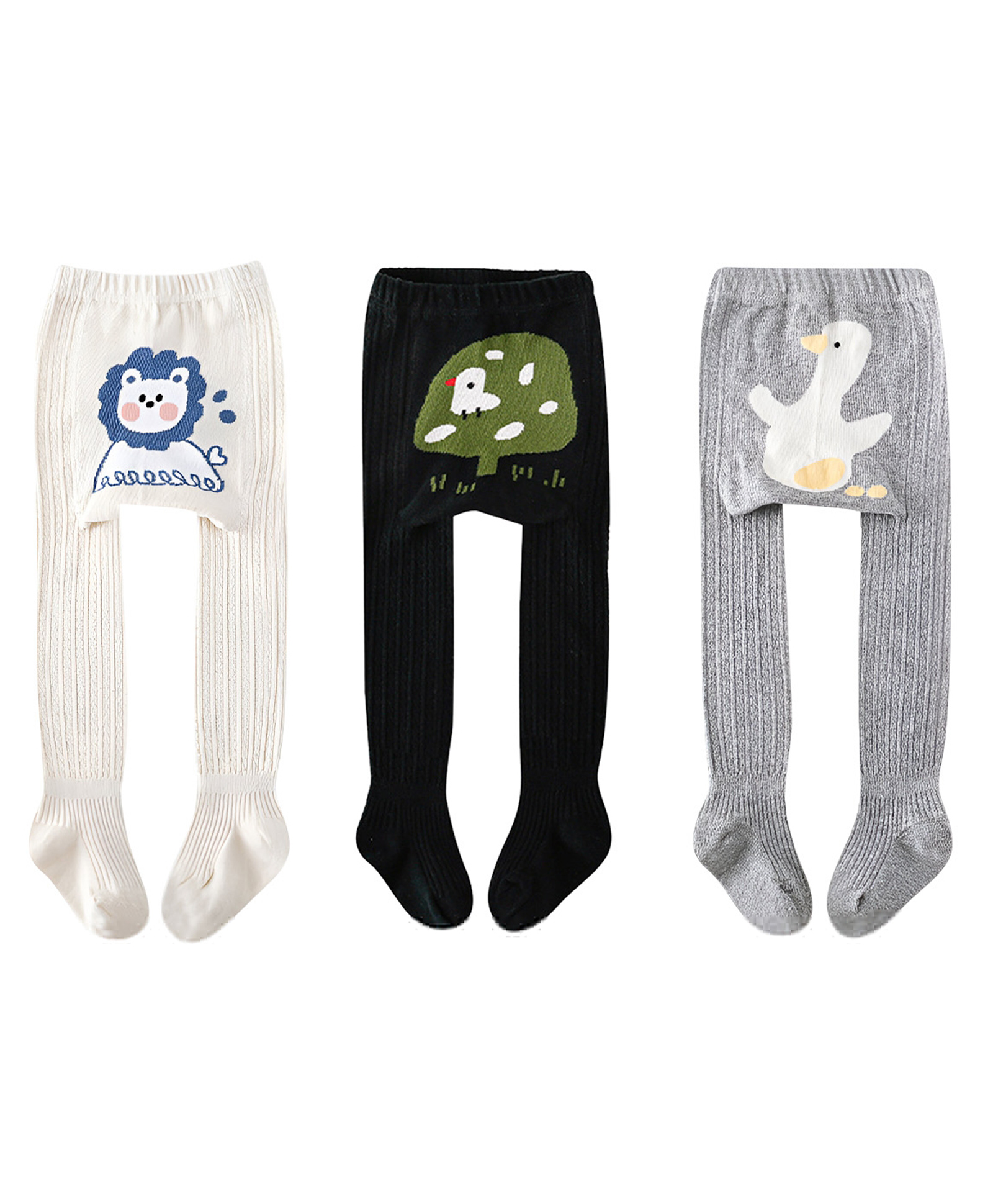 SYGA Pack of 3 Cotton Animal Design Ribbed Stockings - Black & Grey & Beige-picture-24